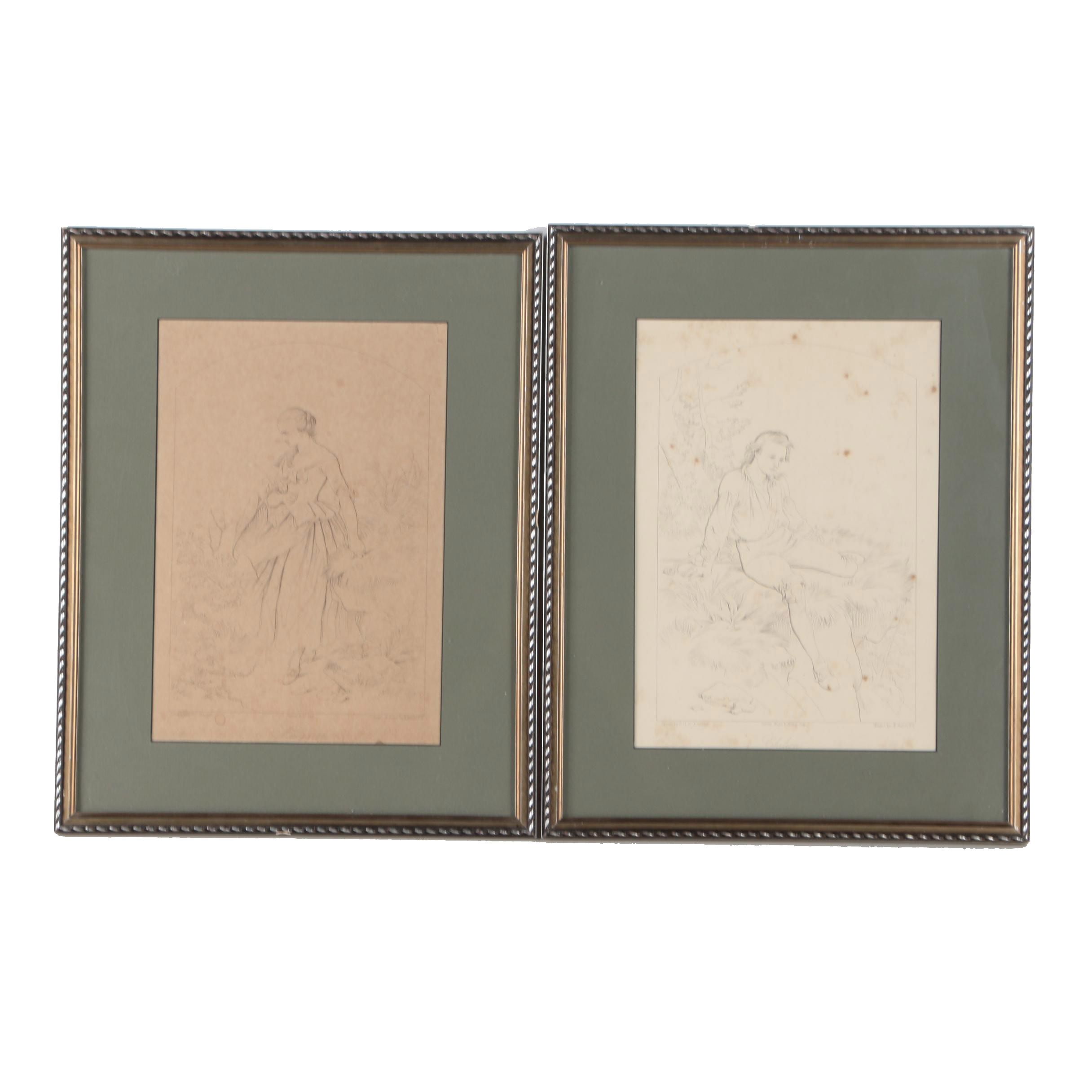 Pair of Framed Antique Lithographs After Drawings by Felix Octavius Carr Darley