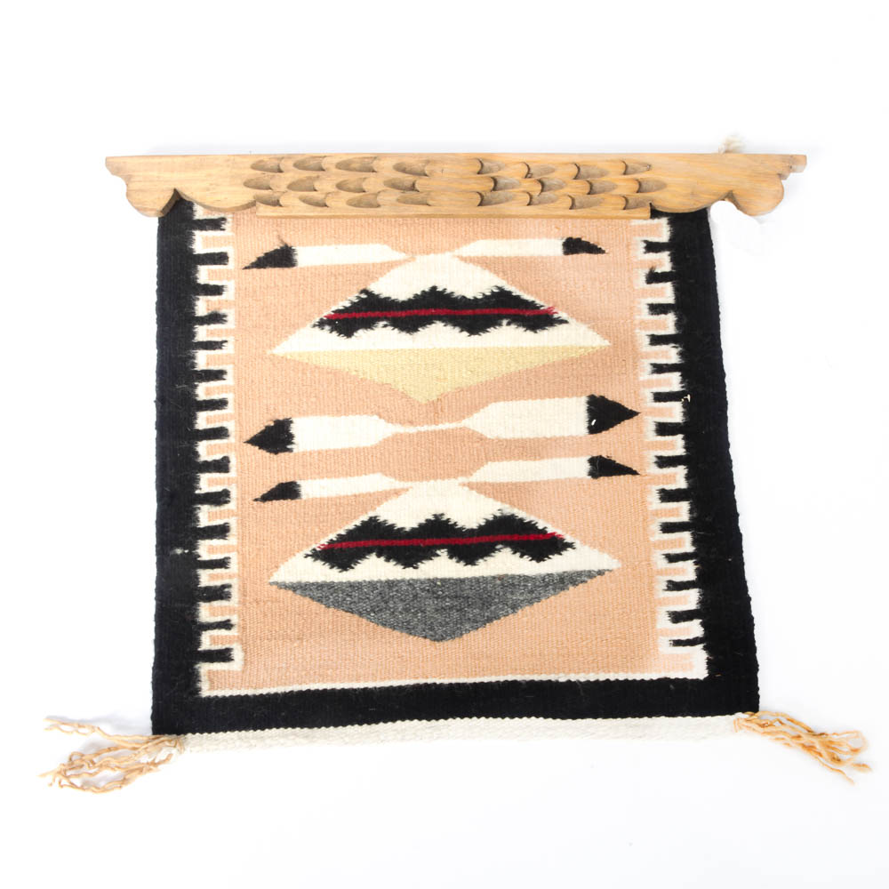 Mary Kee Handwoven Native American Navajo Tapestry with Carved Wood Hanger