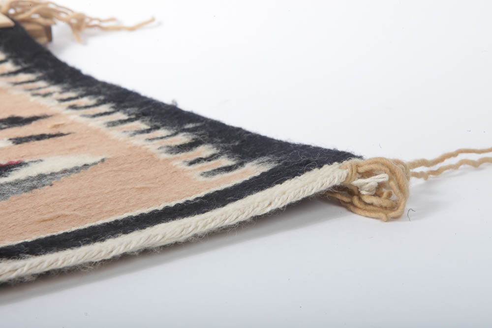 Mary Kee Handwoven Native American Navajo Tapestry with Carved Wood Hanger