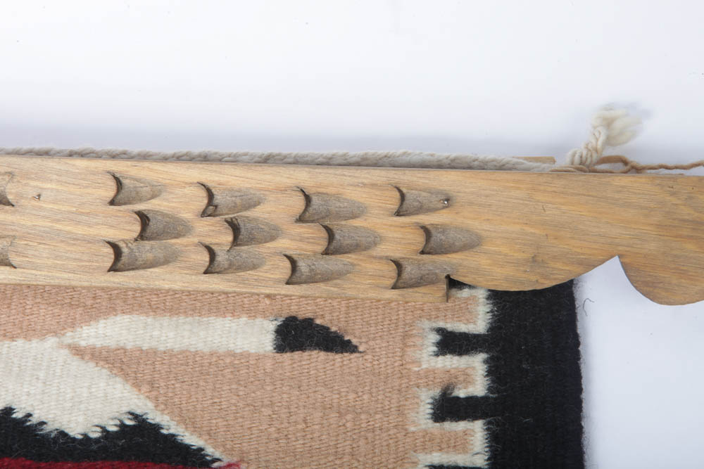Mary Kee Handwoven Native American Navajo Tapestry with Carved Wood Hanger