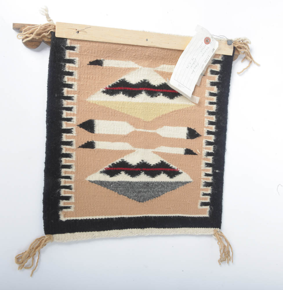 Mary Kee Handwoven Native American Navajo Tapestry with Carved Wood Hanger