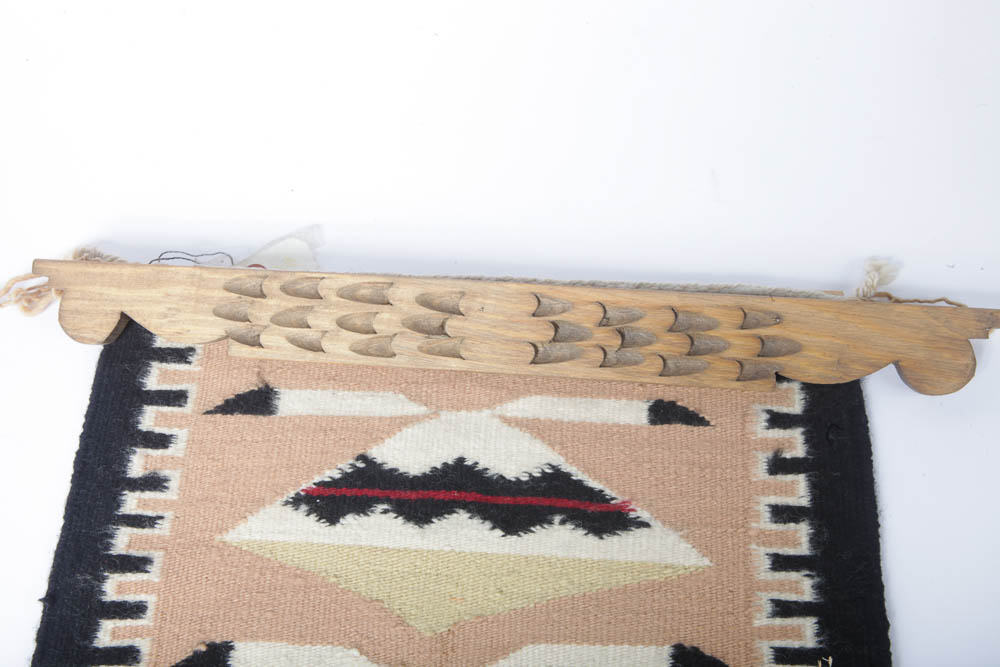 Mary Kee Handwoven Native American Navajo Tapestry with Carved Wood Hanger