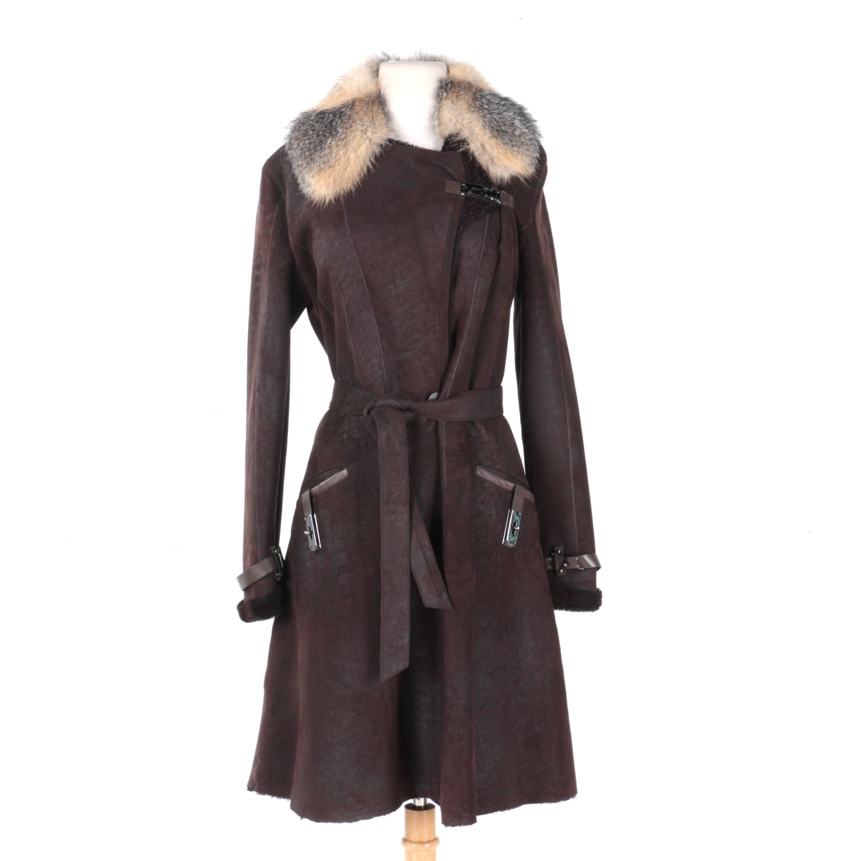 Rizal Suede and Shearling Coat With Fox Fur Trim