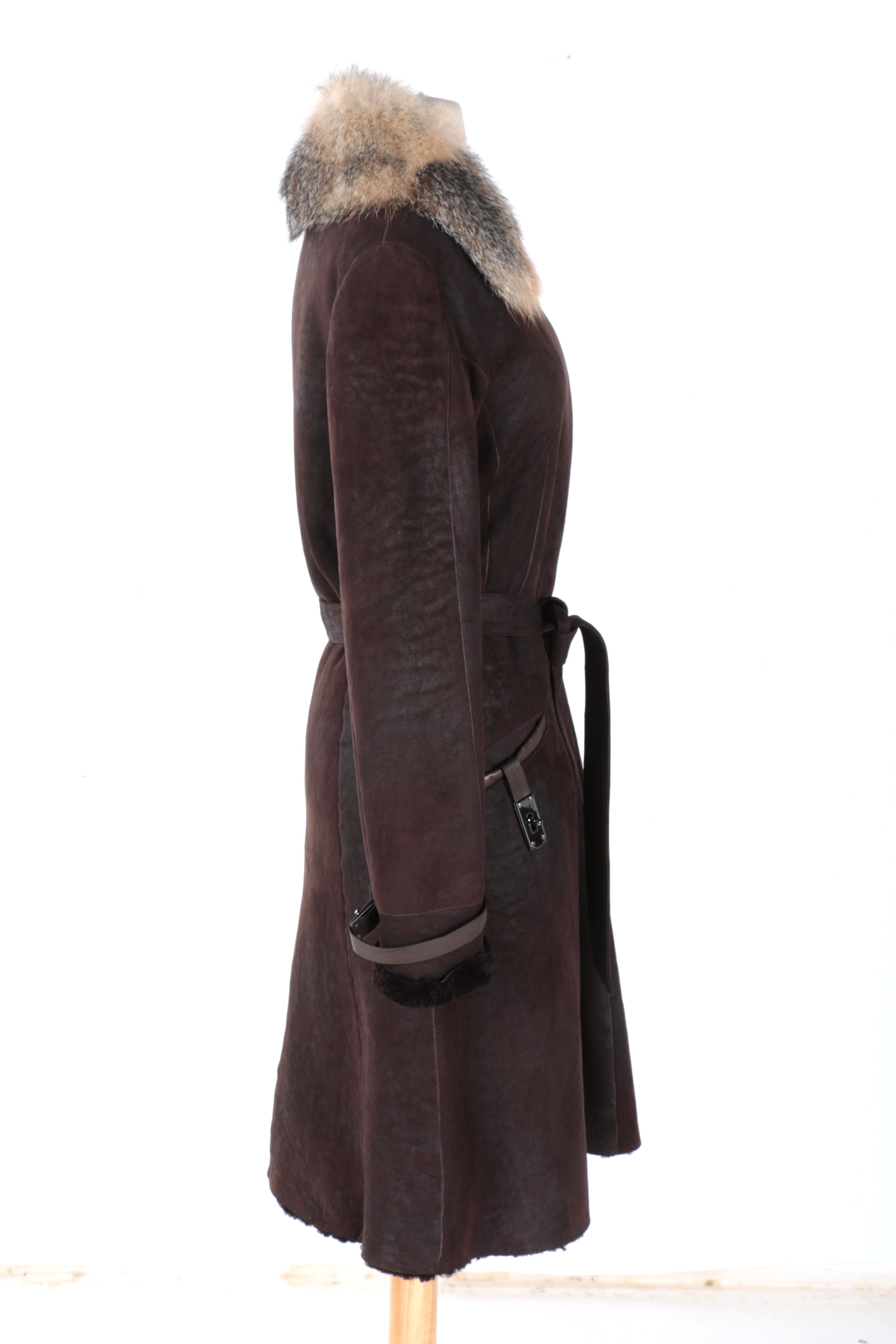 Rizal Suede and Shearling Coat With Fox Fur Trim