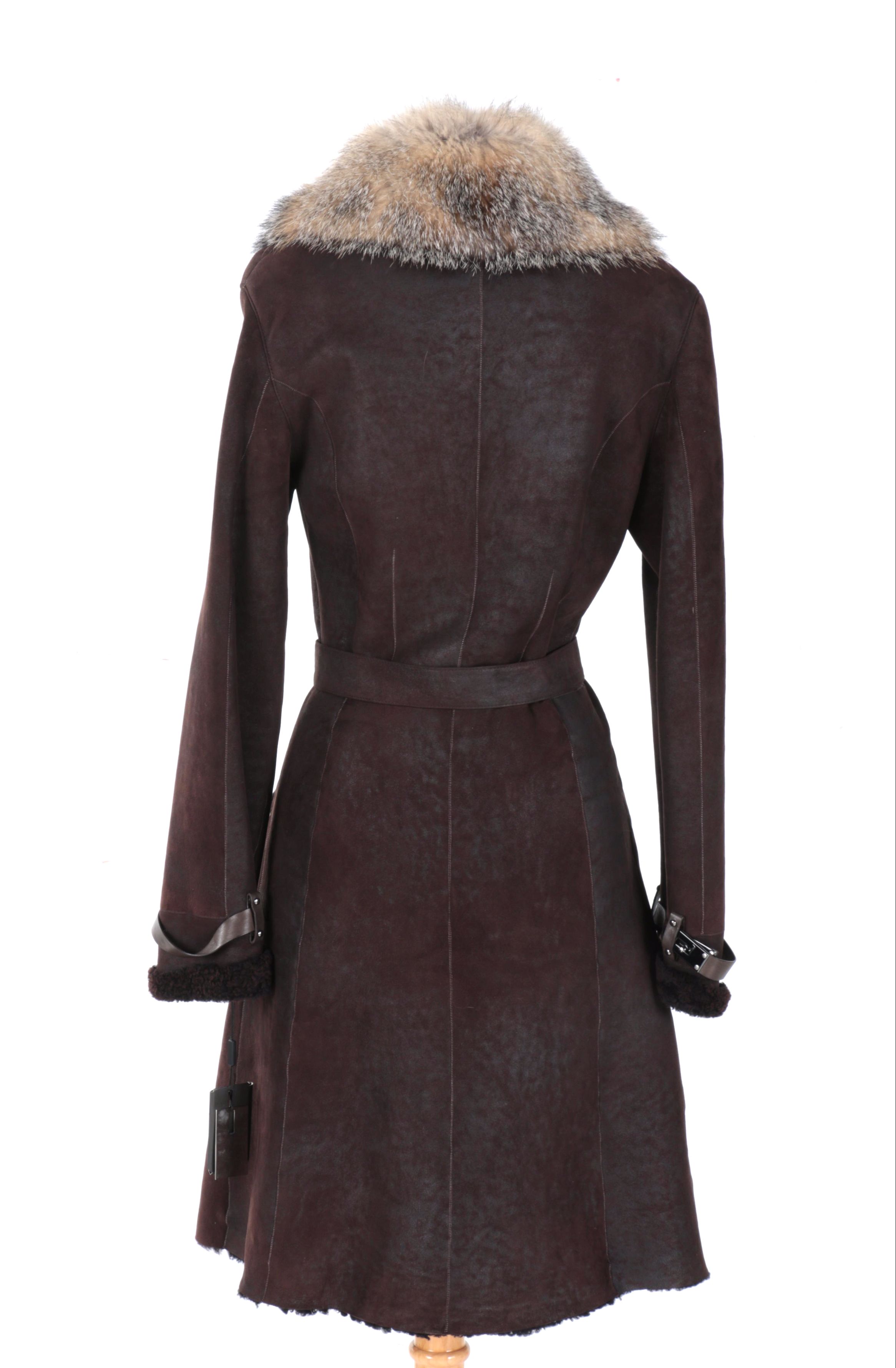 Rizal Suede and Shearling Coat With Fox Fur Trim