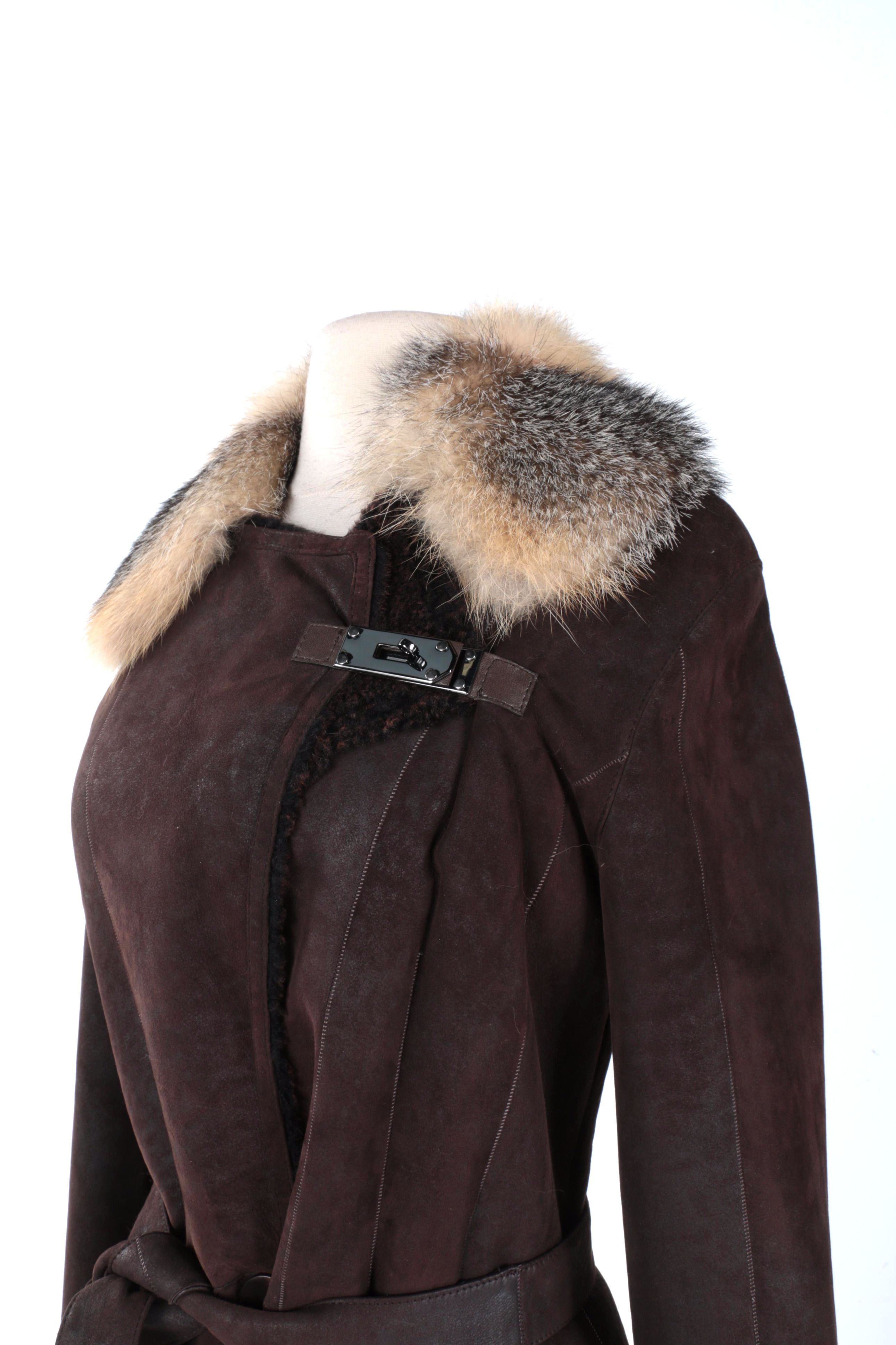 Rizal Suede and Shearling Coat With Fox Fur Trim