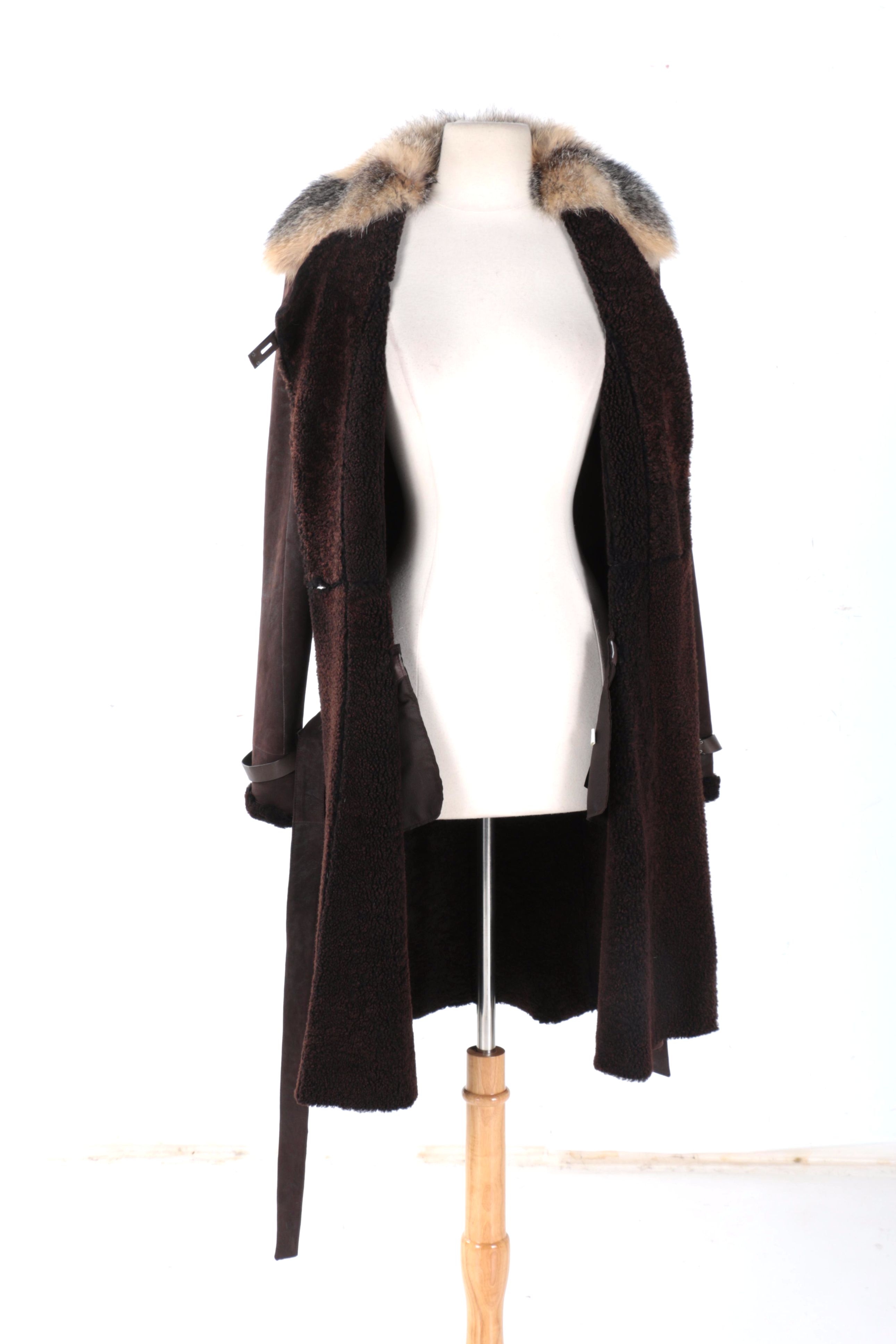 Rizal Suede and Shearling Coat With Fox Fur Trim