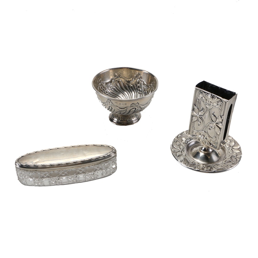 British Sterling Silver Finger Bowl, Gorham Sterling Matchbox Holder and Decorative Jar