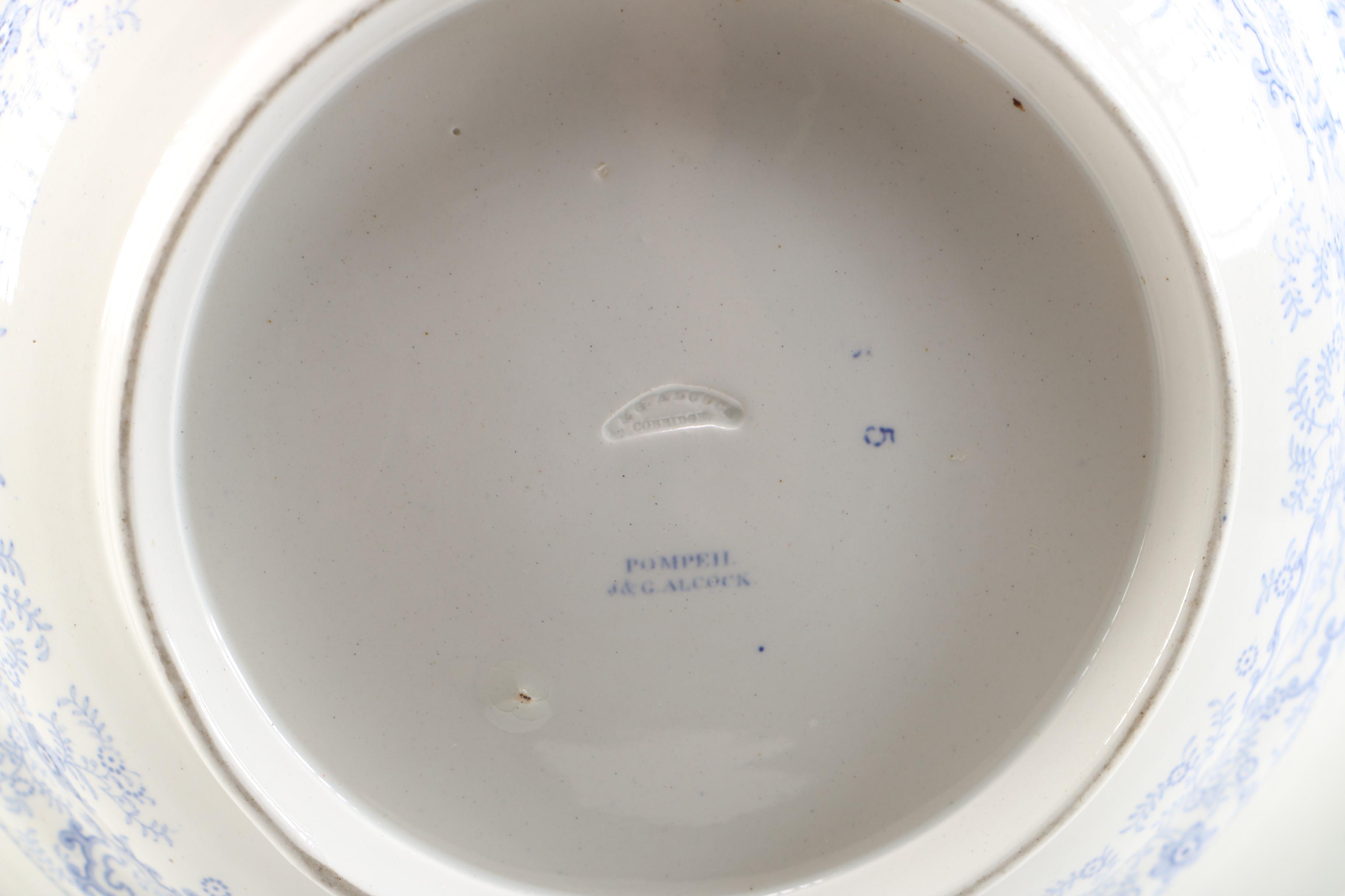 J & G Alcock Flow Blue Serving Bowl in the "Pompeii" Pattern