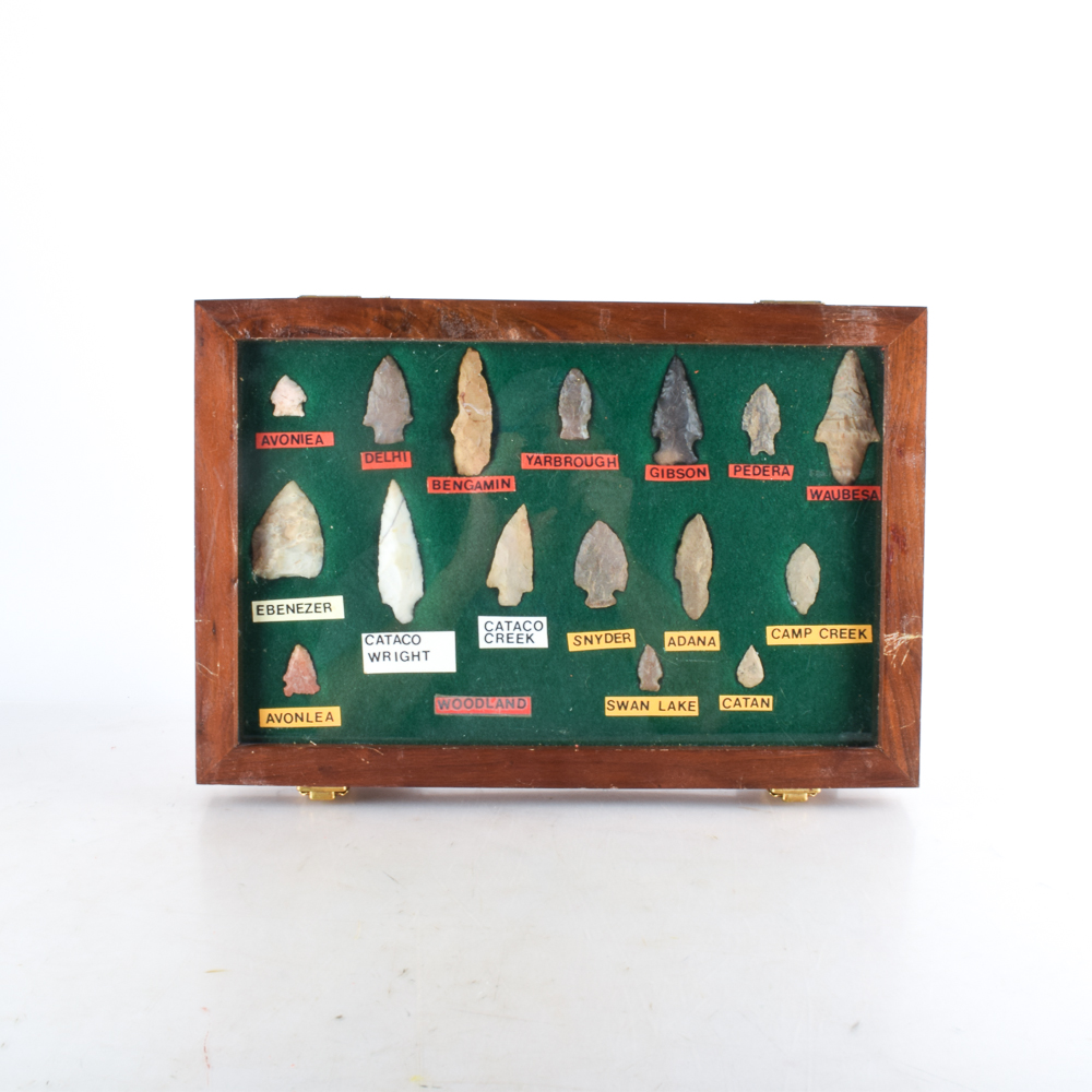Indian Arrowhead Collection in Wood Display Case