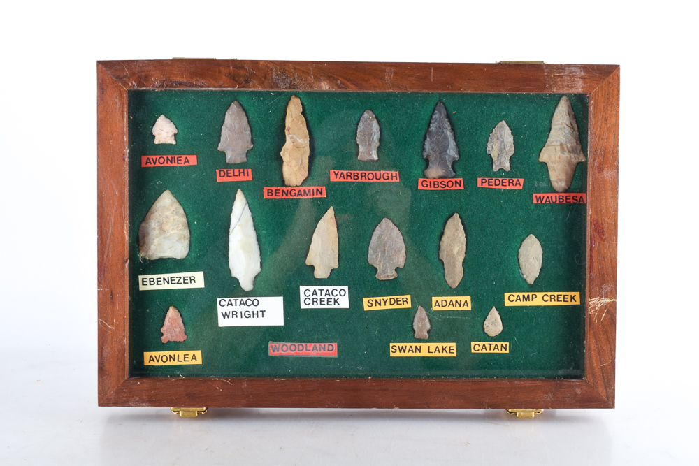 Indian Arrowhead Collection in Wood Display Case