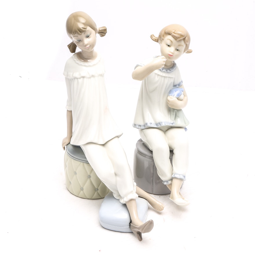 Lladró "Girl with Doll" #1083 and "Girl With Mother's Shoe" #1084