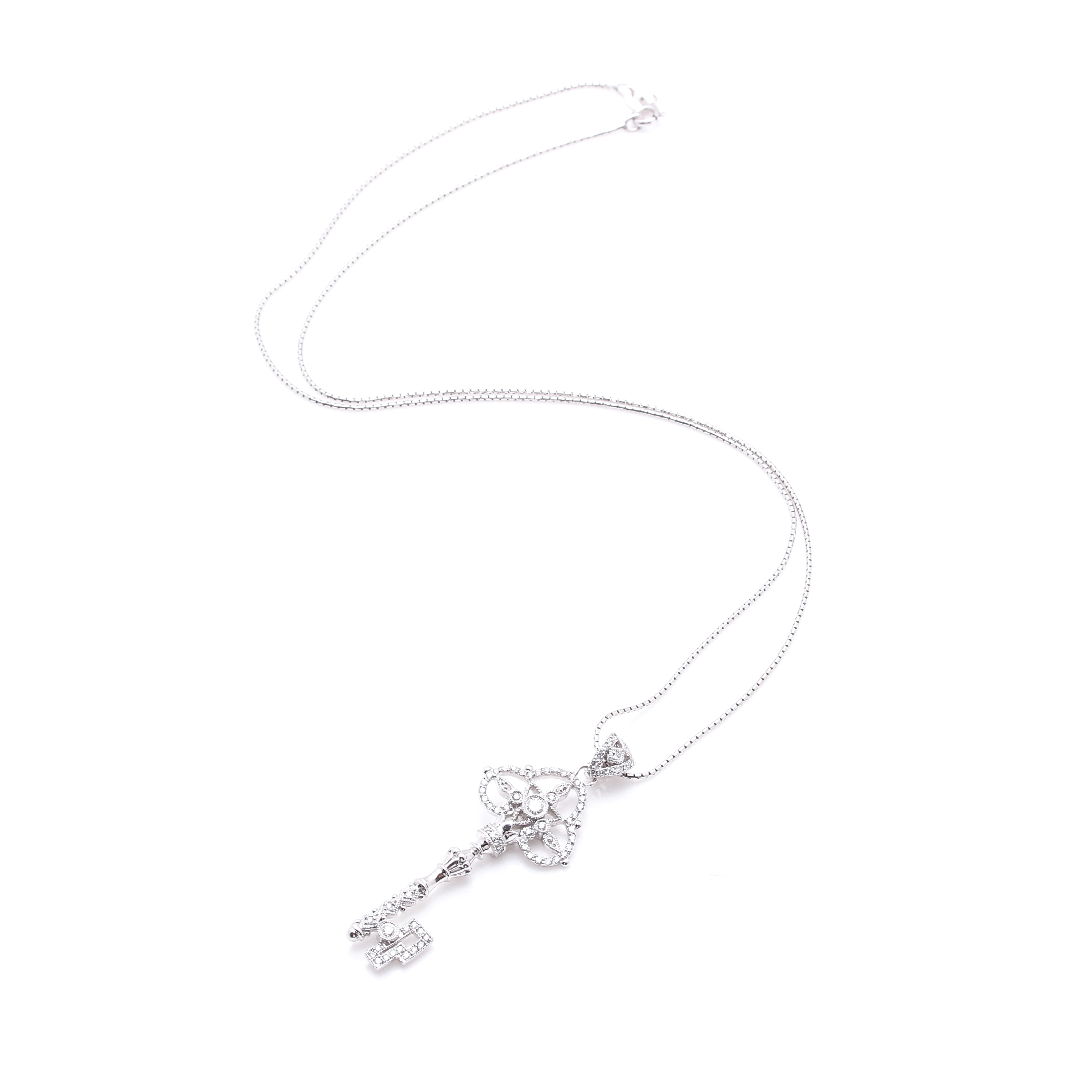 14K White Gold Diamond Key Pendant Necklace