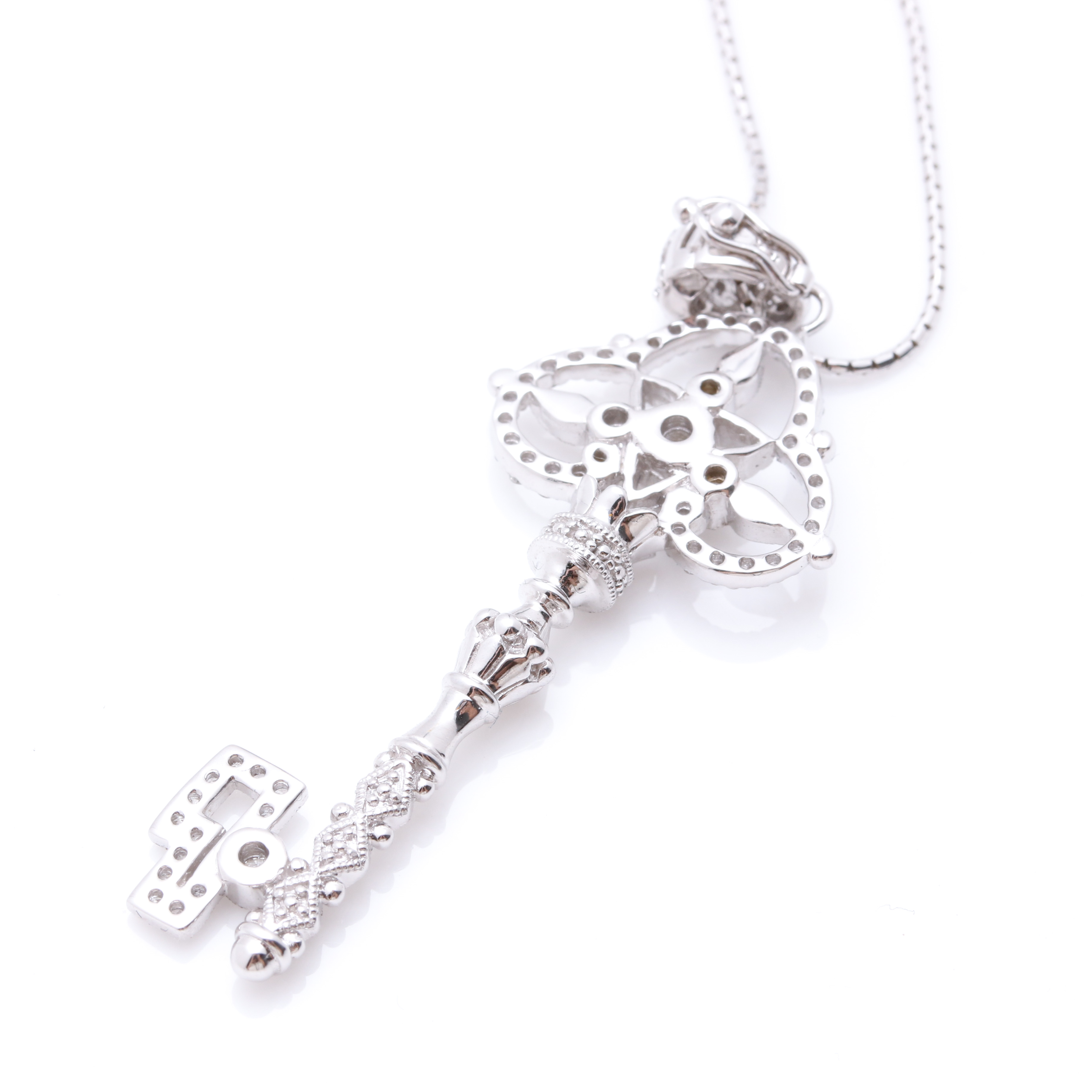 14K White Gold Diamond Key Pendant Necklace