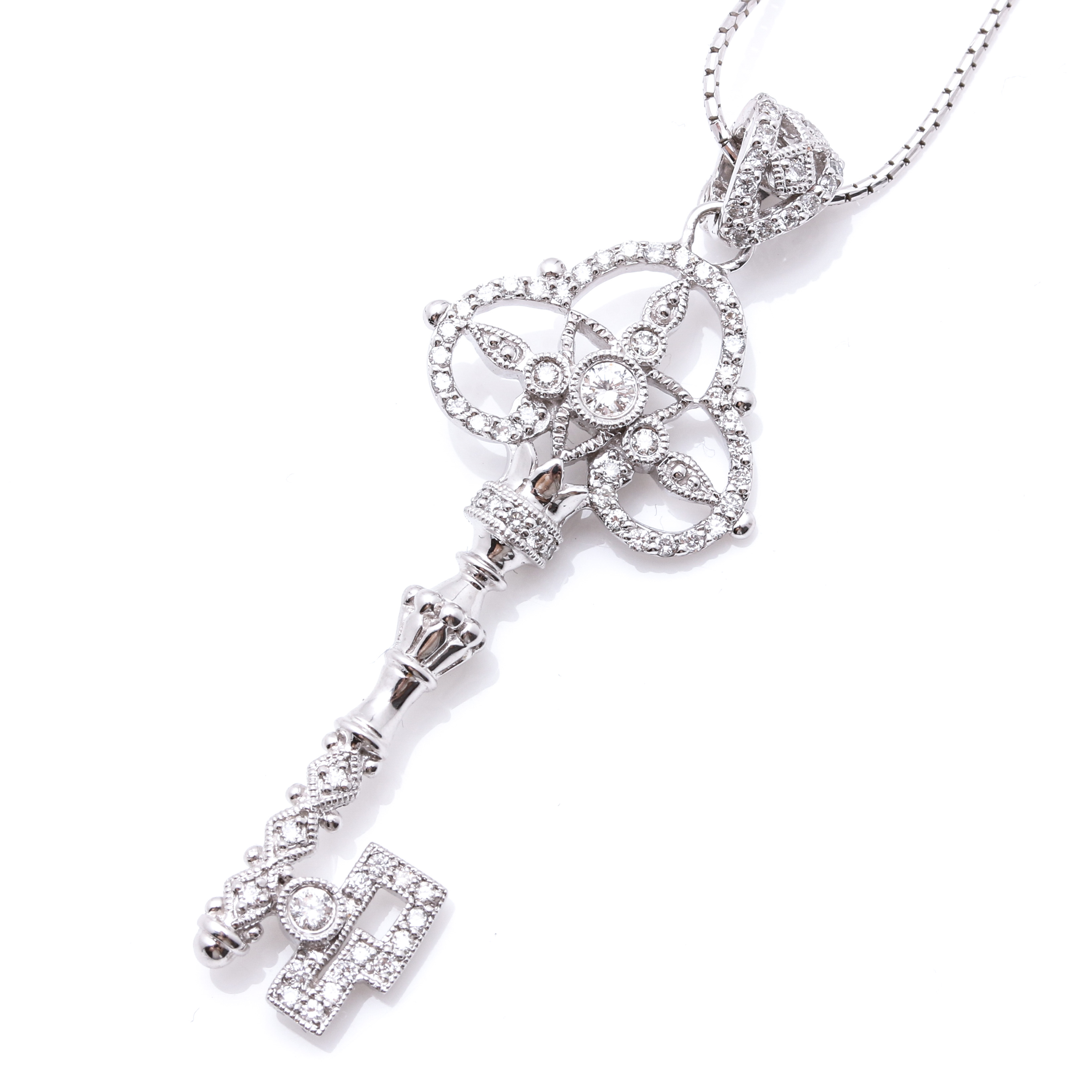 14K White Gold Diamond Key Pendant Necklace
