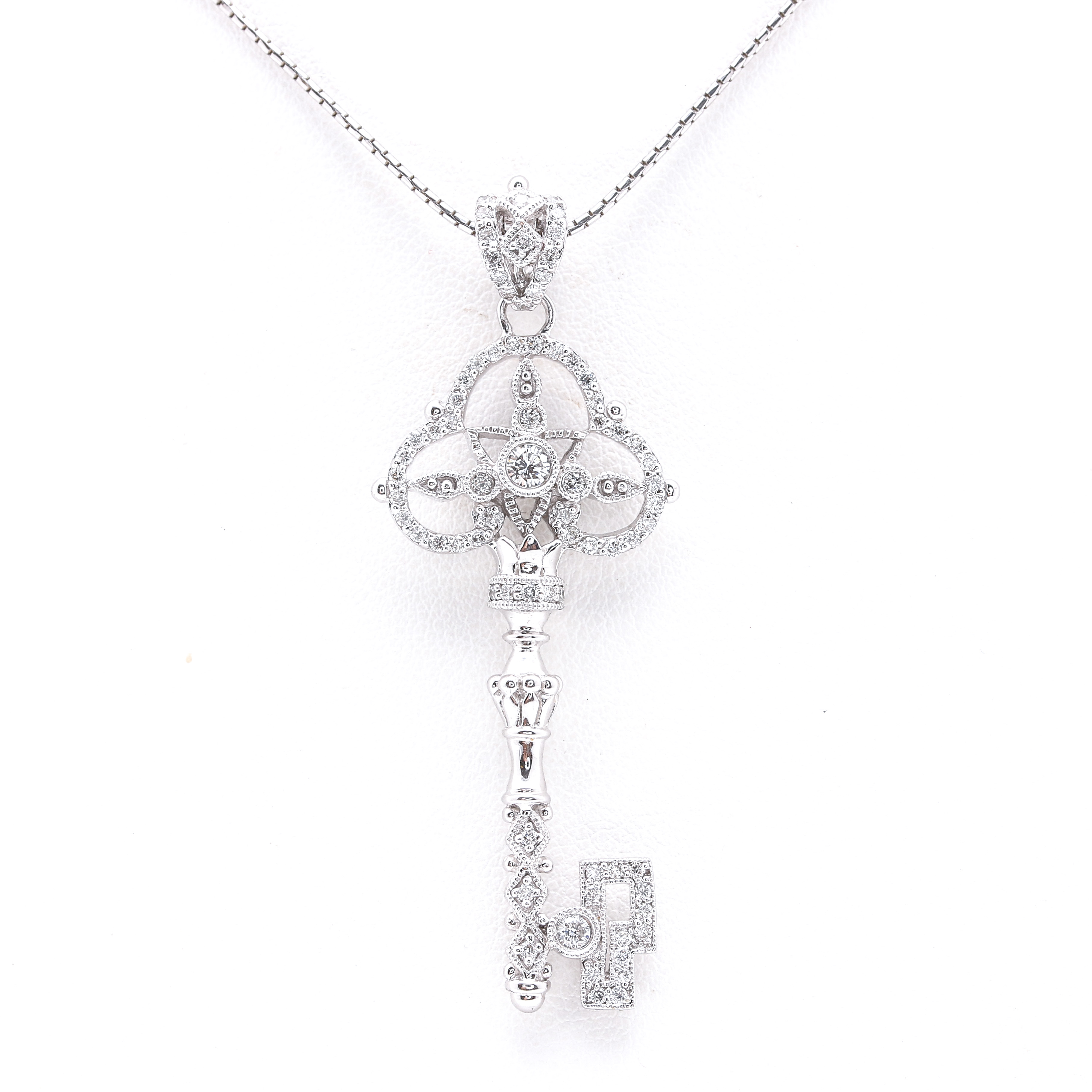 14K White Gold Diamond Key Pendant Necklace