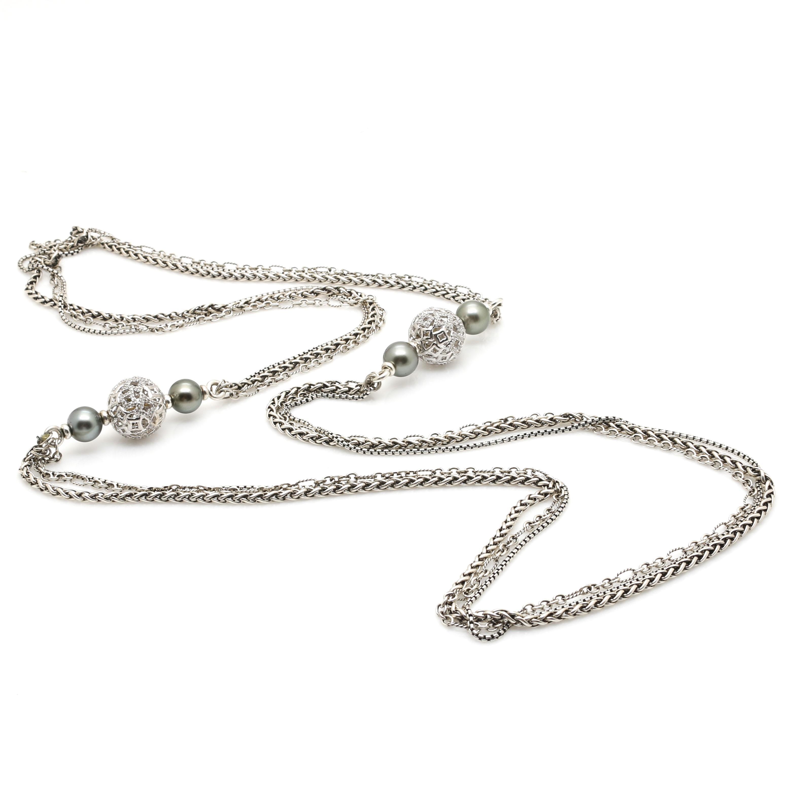 David Yurman Sterling Silver Quatrefoil 1.25 CTW Diamond and Cultured Pearl Necklace