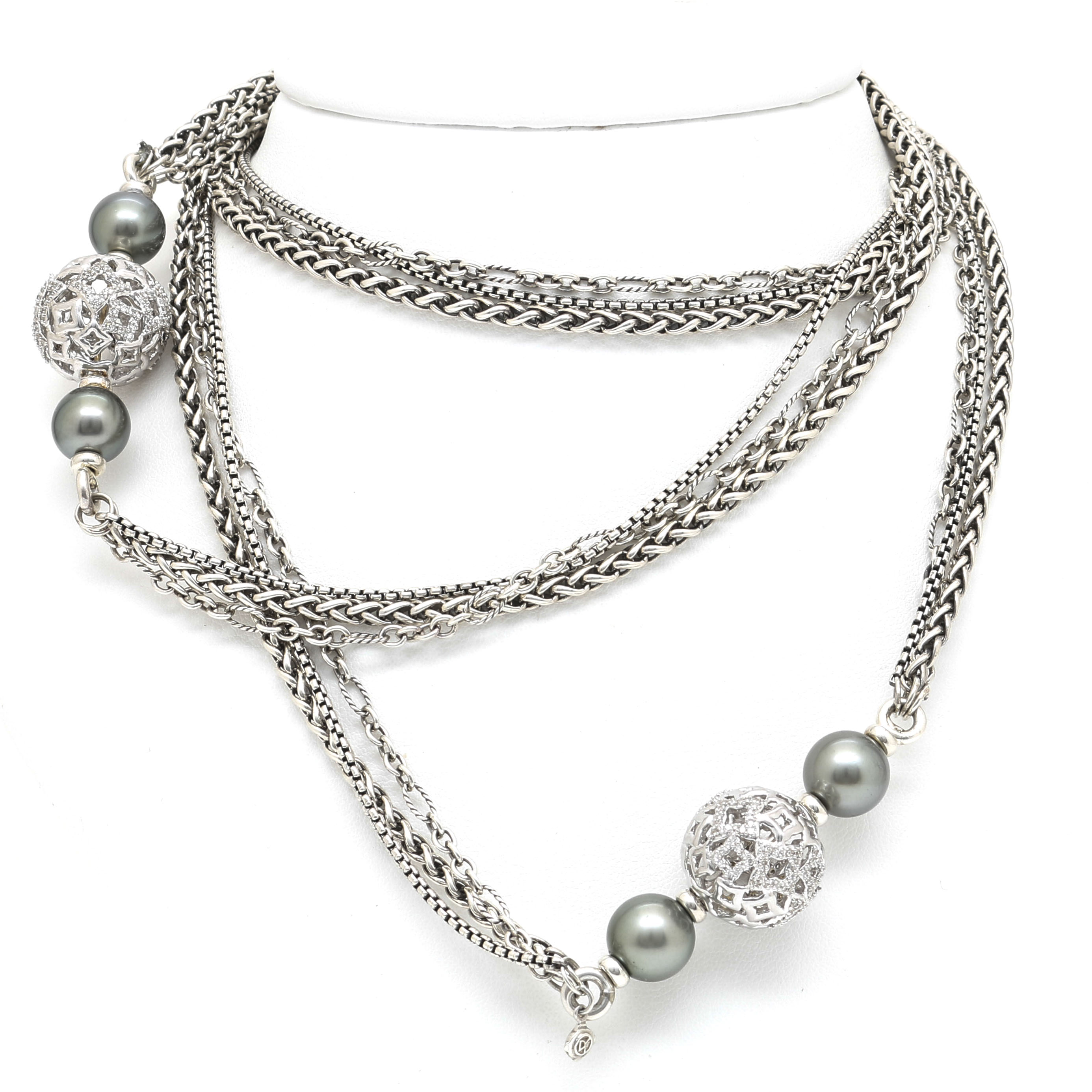 David Yurman Sterling Silver Quatrefoil 1.25 CTW Diamond and Cultured Pearl Necklace