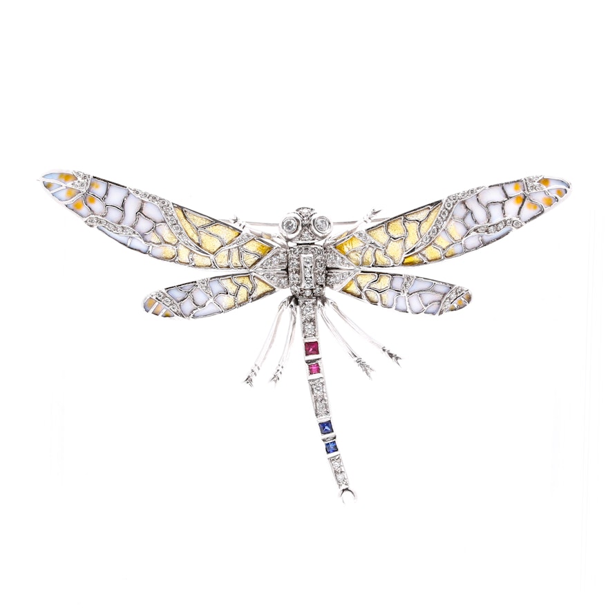 18K White Gold Diamond and Gemstone Dragonfly Pin