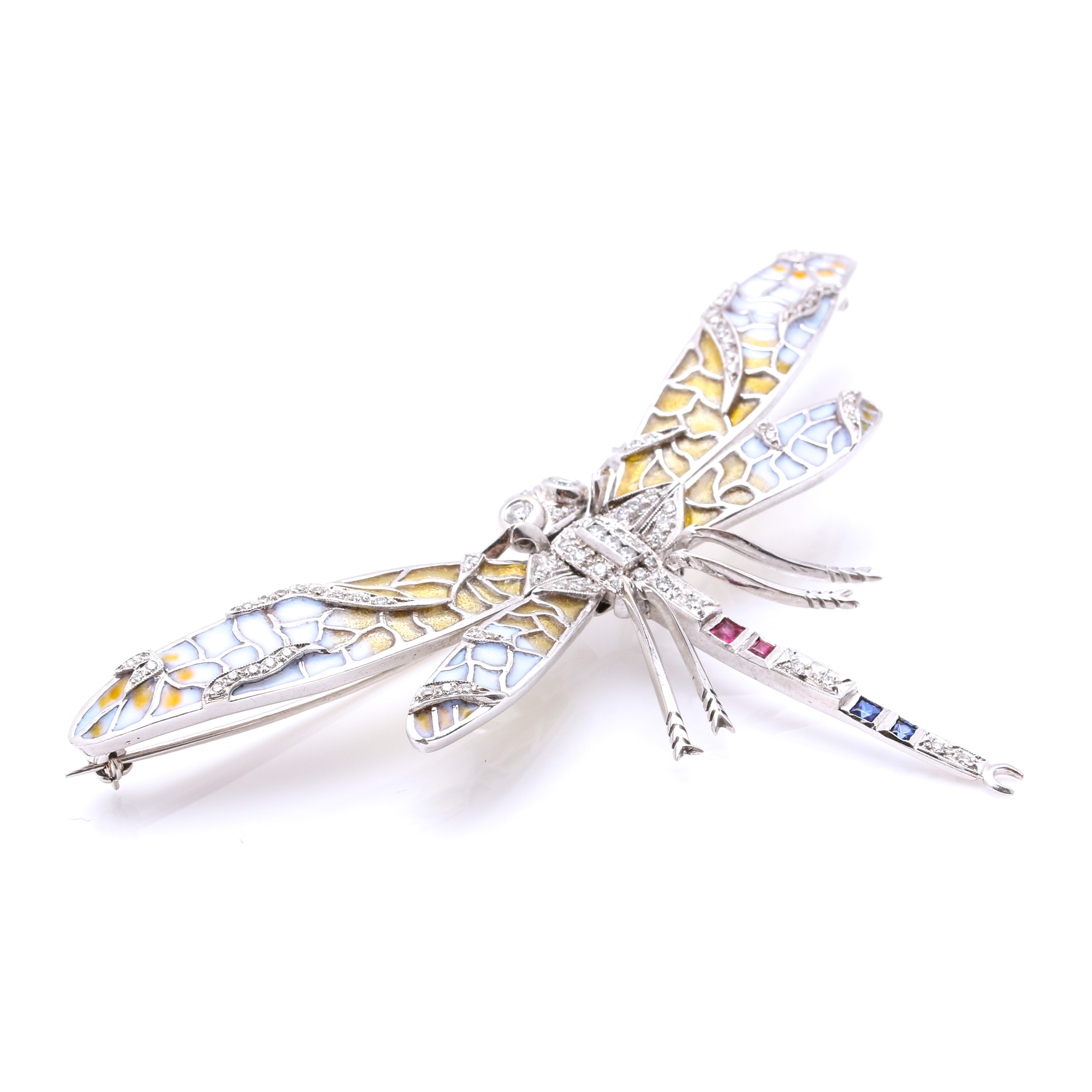 18K White Gold Diamond and Gemstone Dragonfly Pin