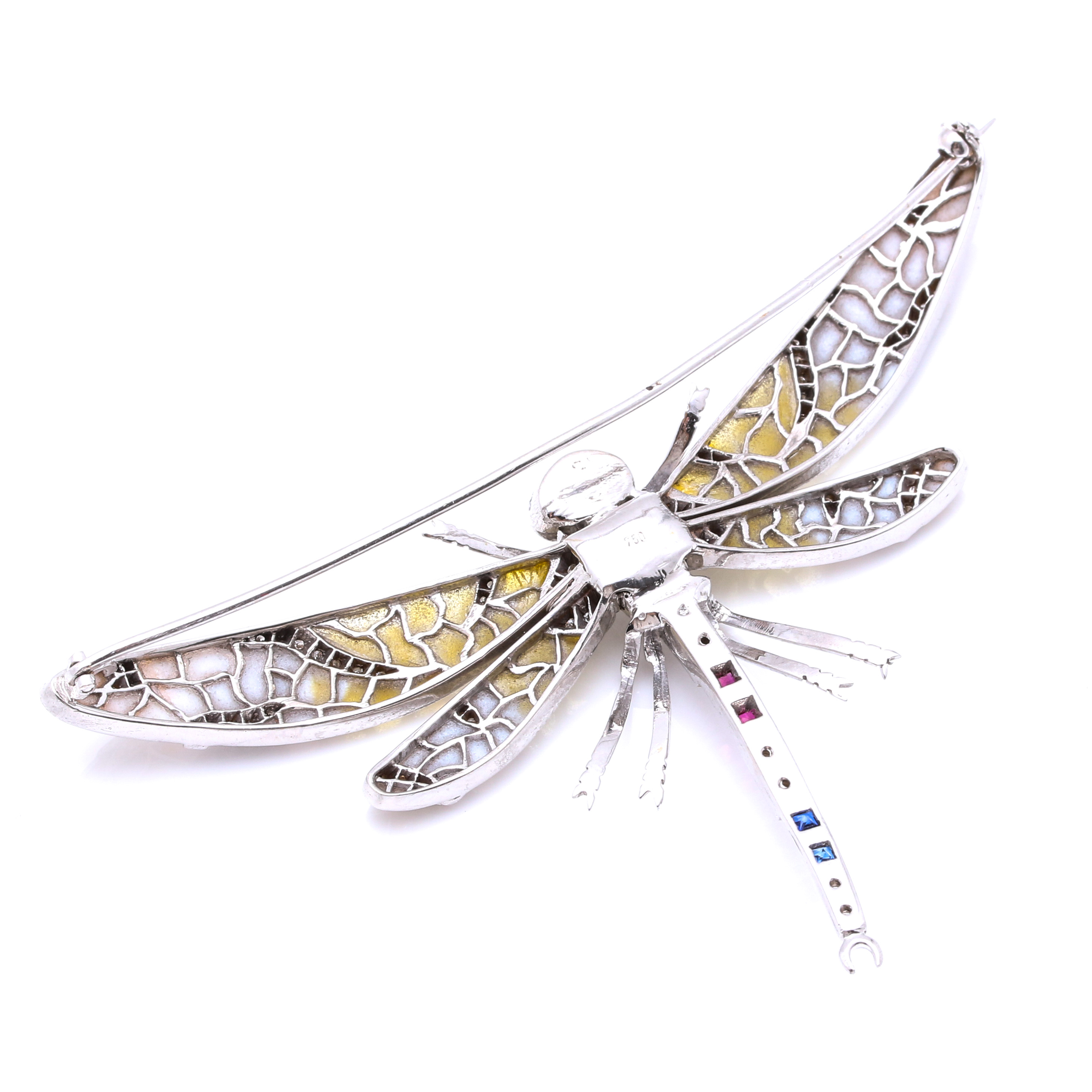 18K White Gold Diamond and Gemstone Dragonfly Pin