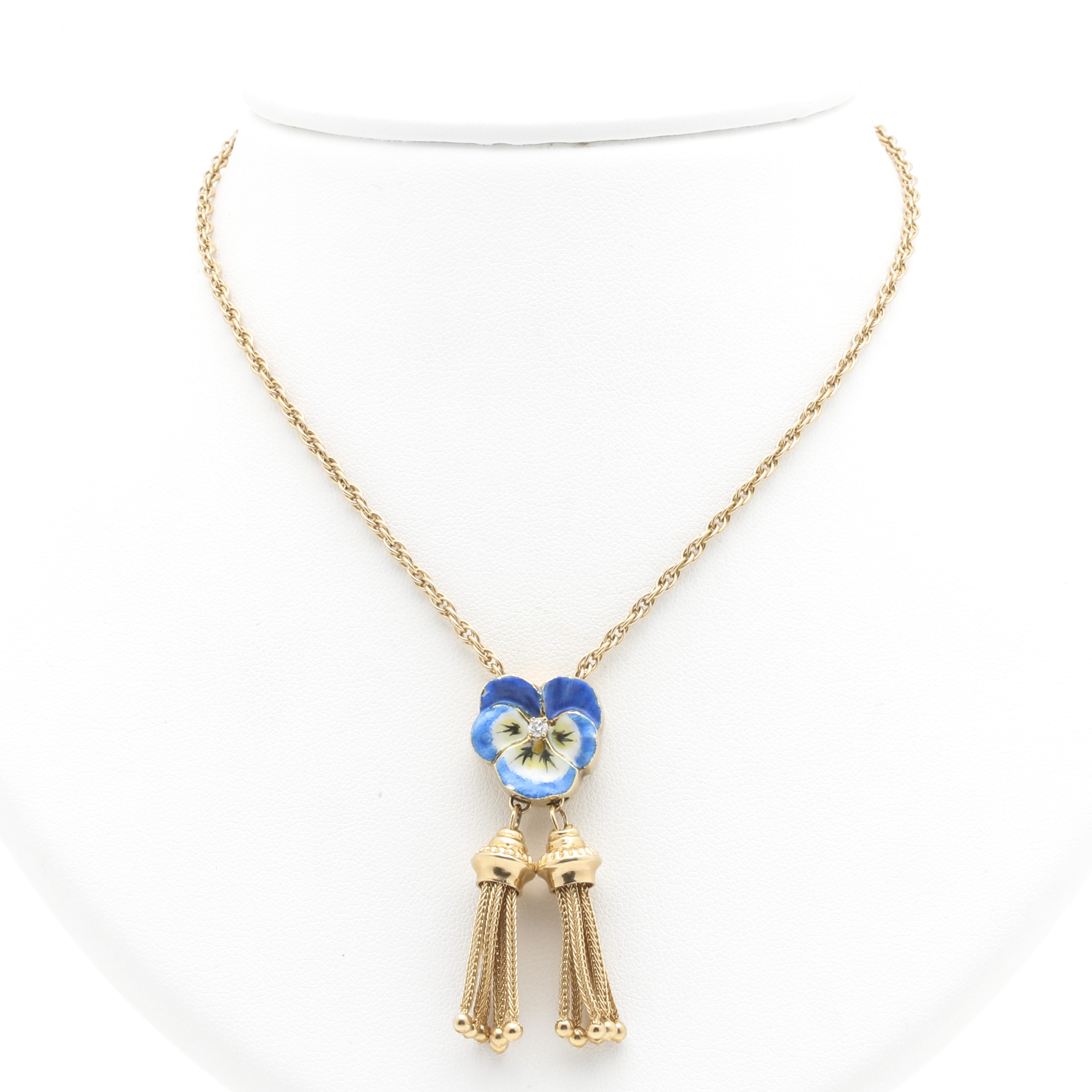 14K Yellow Gold Lariat Necklace Featuring a Diamond Enamel Flower