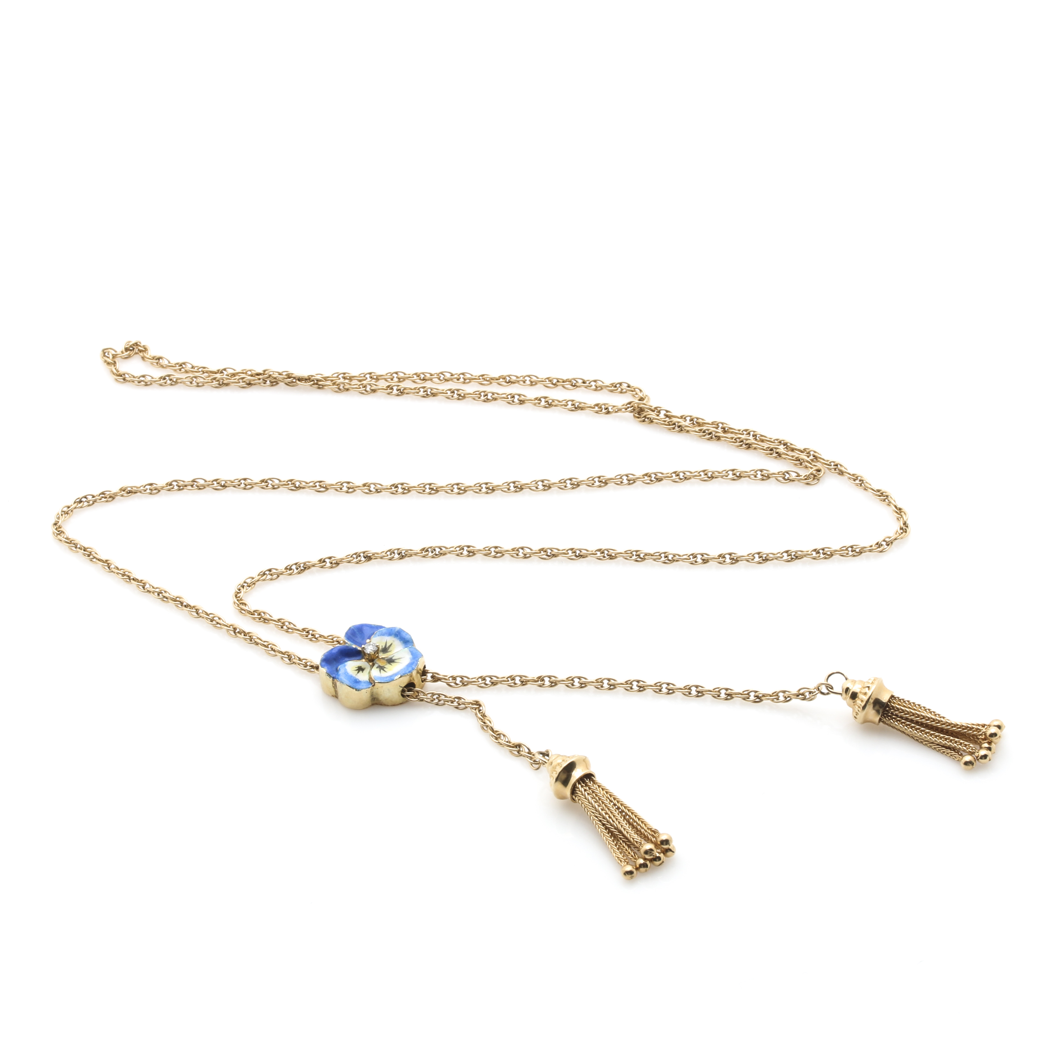 14K Yellow Gold Lariat Necklace Featuring a Diamond Enamel Flower