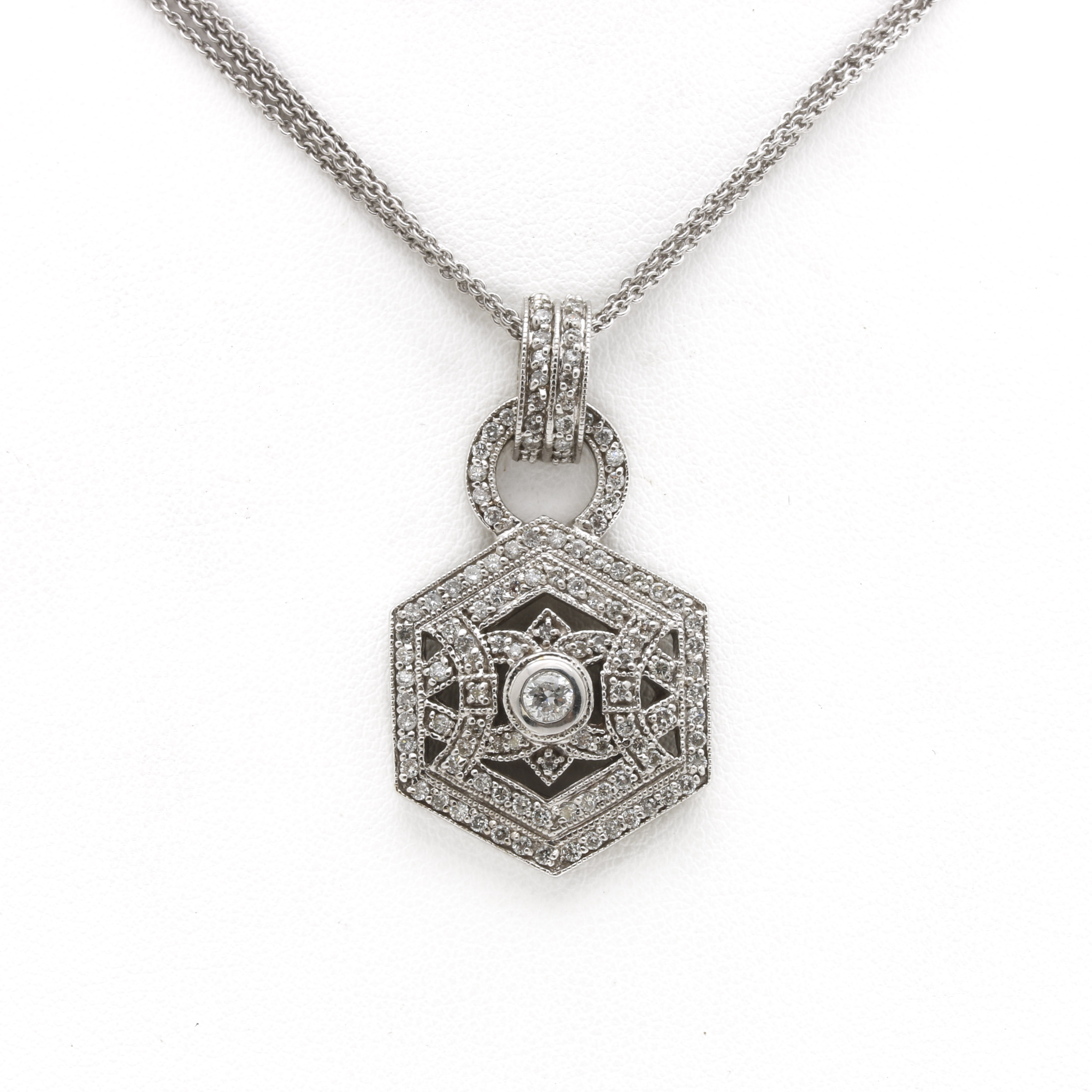 14K White Gold 1.26 CTW Diamond Hexagonal Pendant Necklace