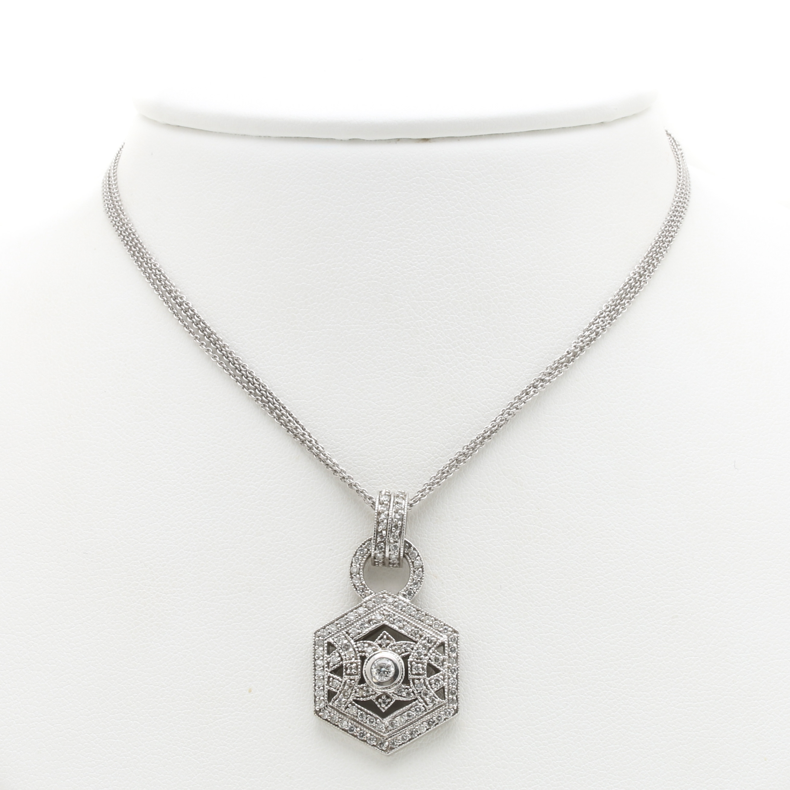 14K White Gold 1.26 CTW Diamond Hexagonal Pendant Necklace