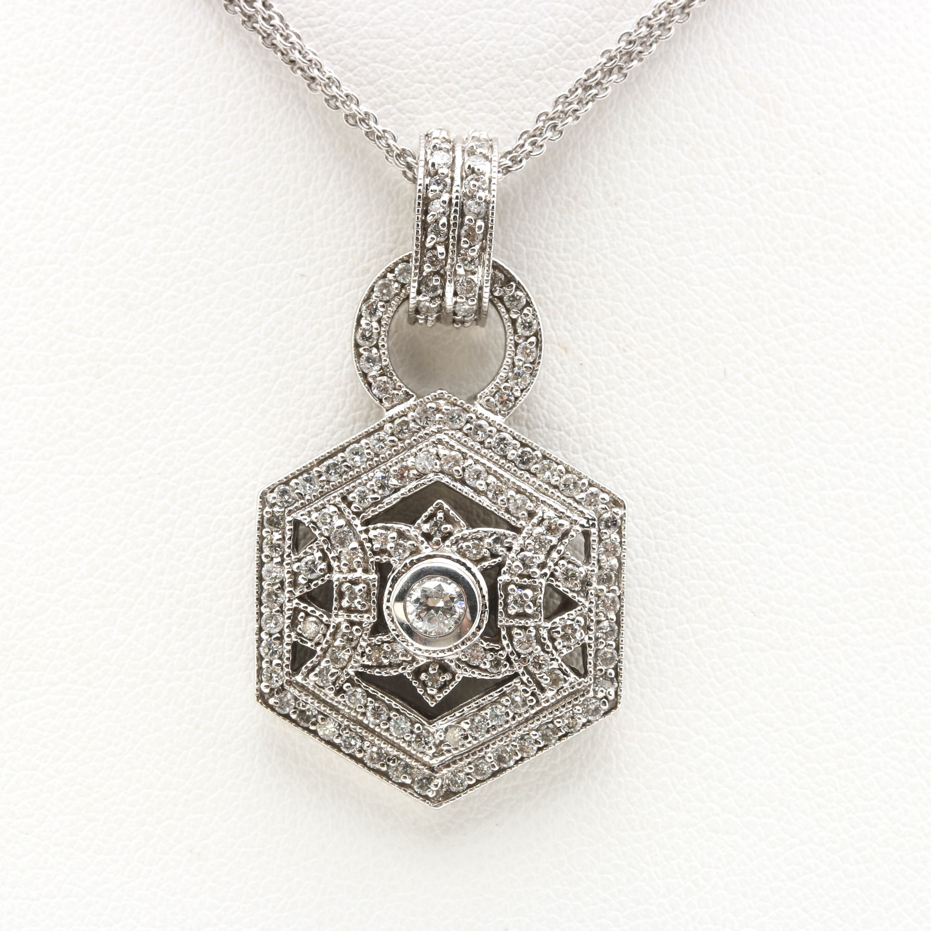 14K White Gold 1.26 CTW Diamond Hexagonal Pendant Necklace