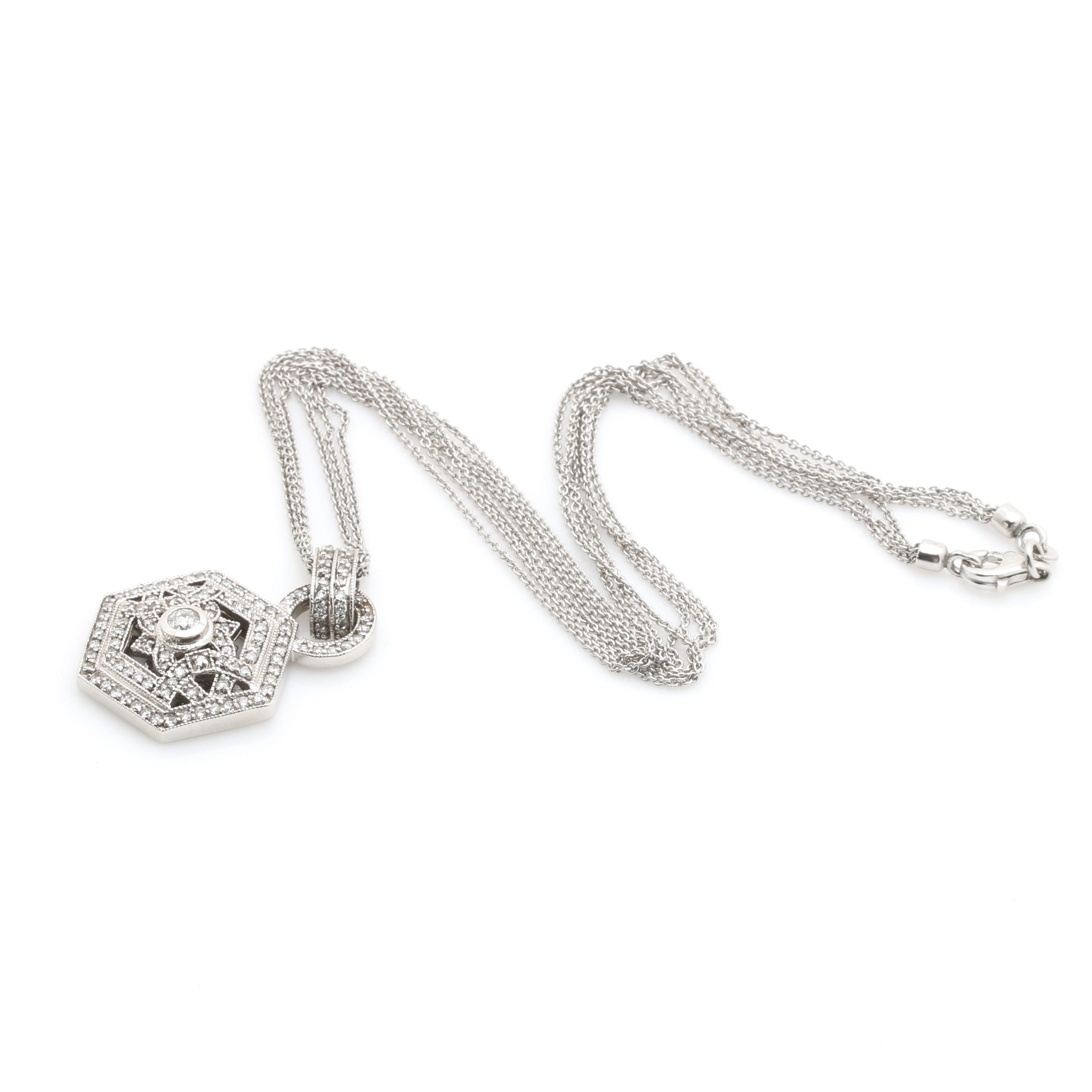 14K White Gold 1.26 CTW Diamond Hexagonal Pendant Necklace