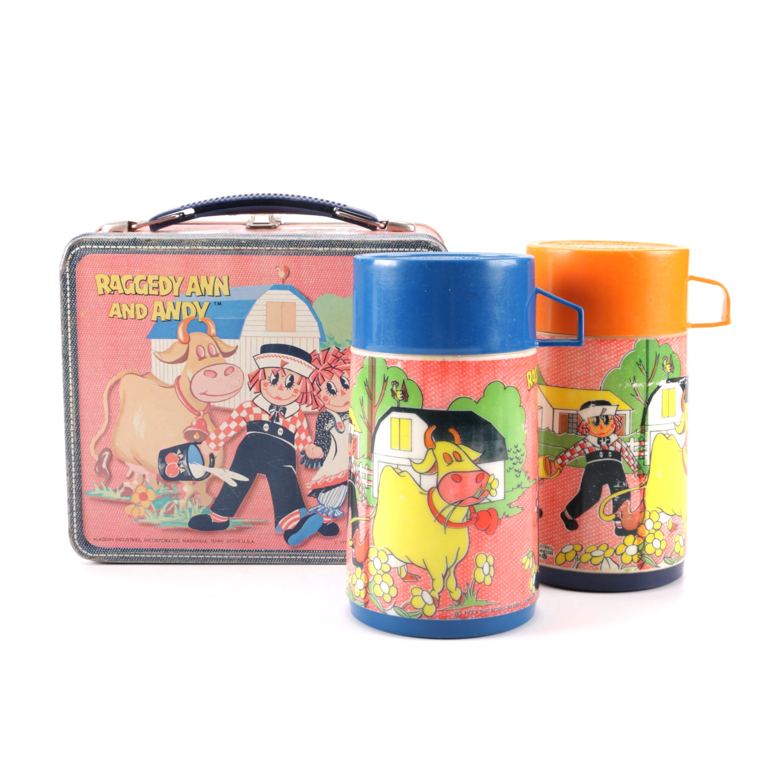 1973 Aladdin Raggedy Ann and Andy Metal Lunchbox With Thermoses