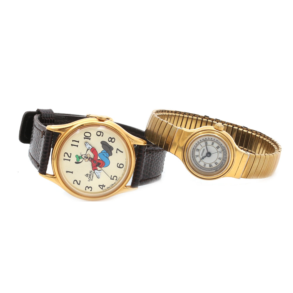 Pair of Citizen and "Goofy" Lorus Stainless Steel and Gold Tone Watches
