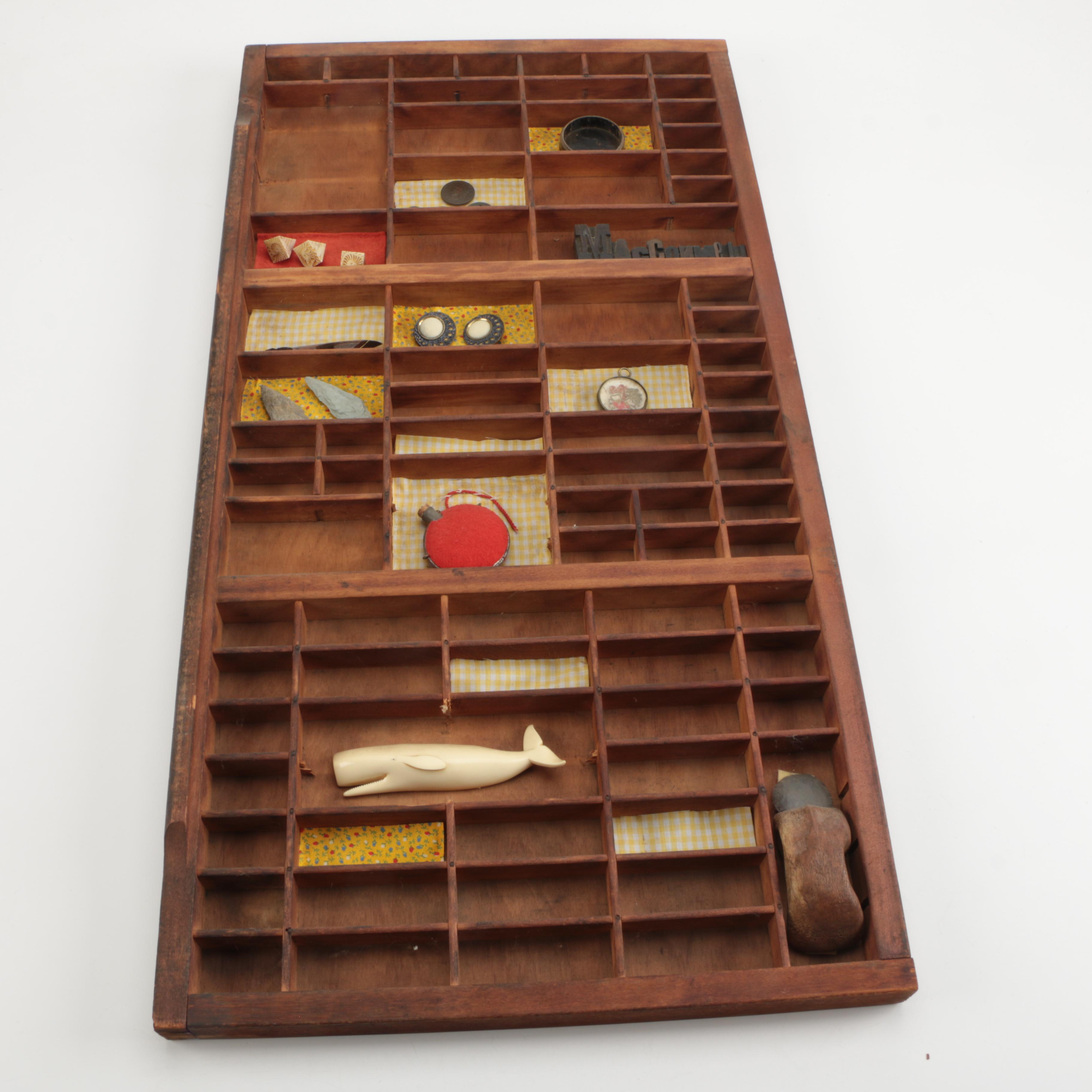 Wooden Typesetters Drawer with Knick Naks