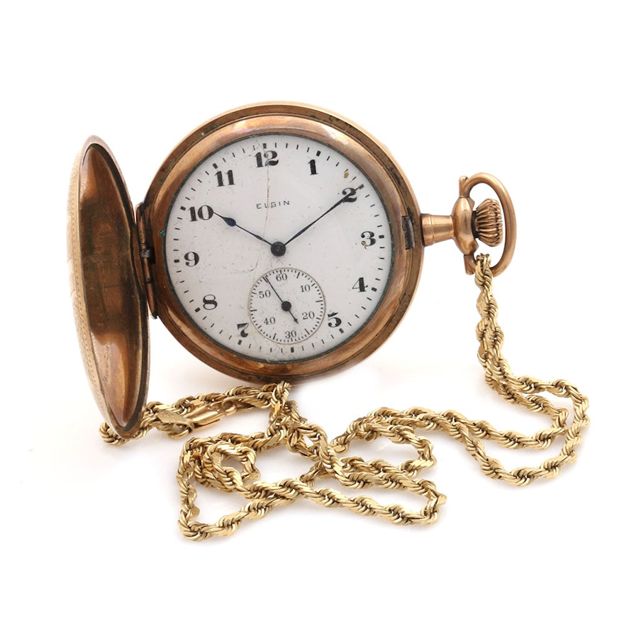 Elgin Gold Filled Pocket Watch With 14K Yellow Gold Fob