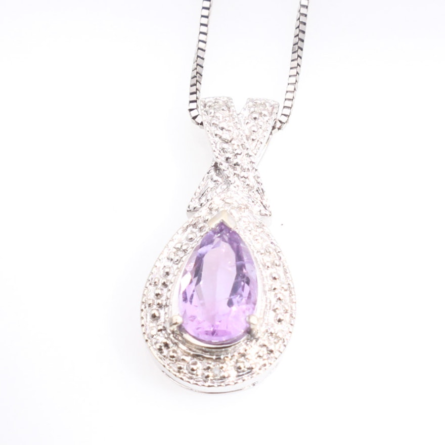 10K Yellow Gold Amethyst and Diamond Pendant on 14K Necklace