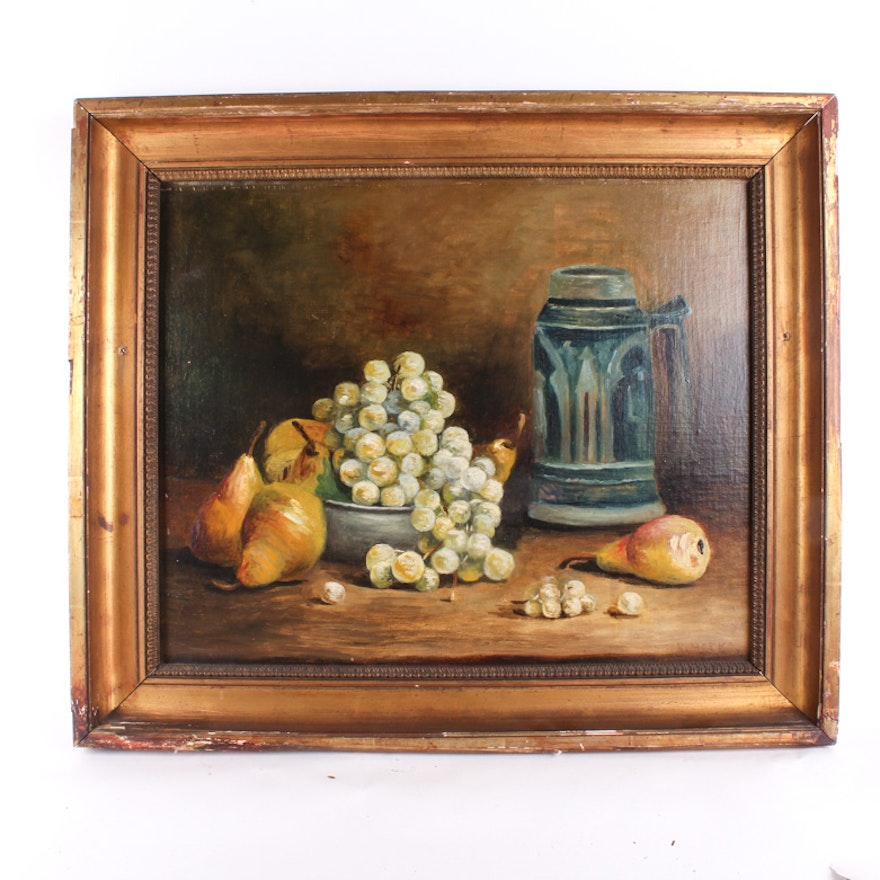 Antique R. Meeks Oil on Canvas Board Painting of a Still Life with Food