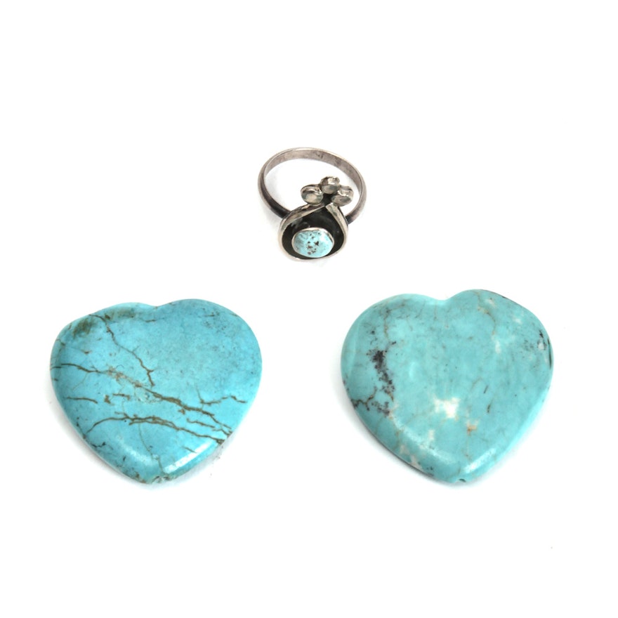 Sterling Silver Ring and a Pair of Turquoise Stone Heart Beads