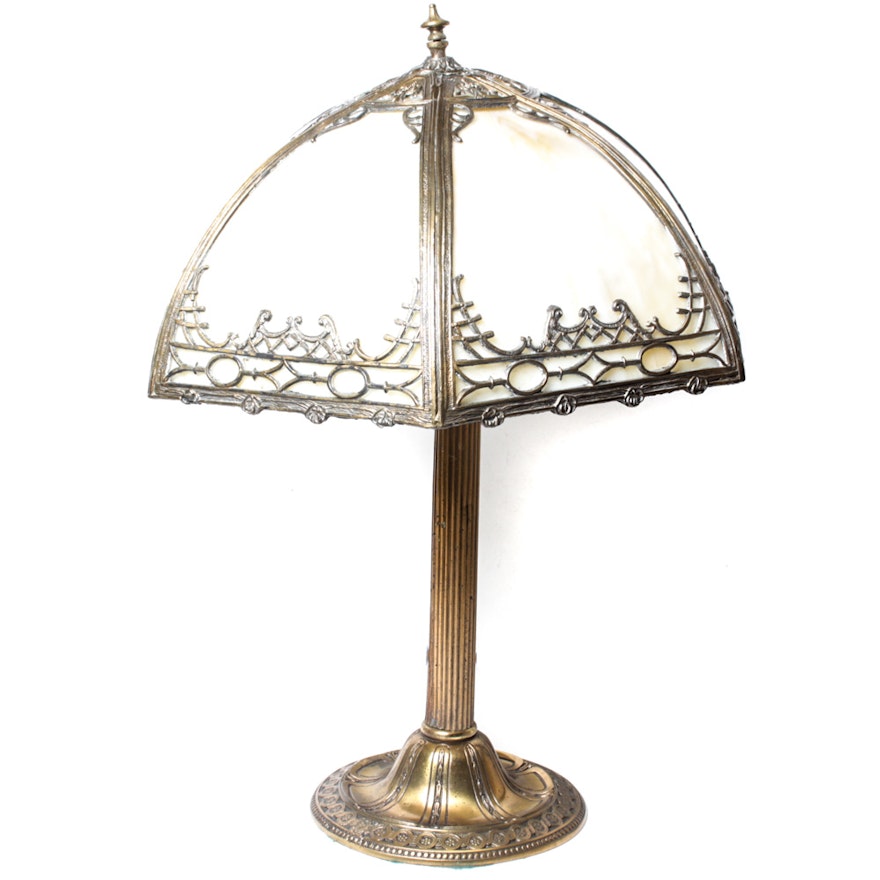 Vintage Slag Glass Brass Table Lamp