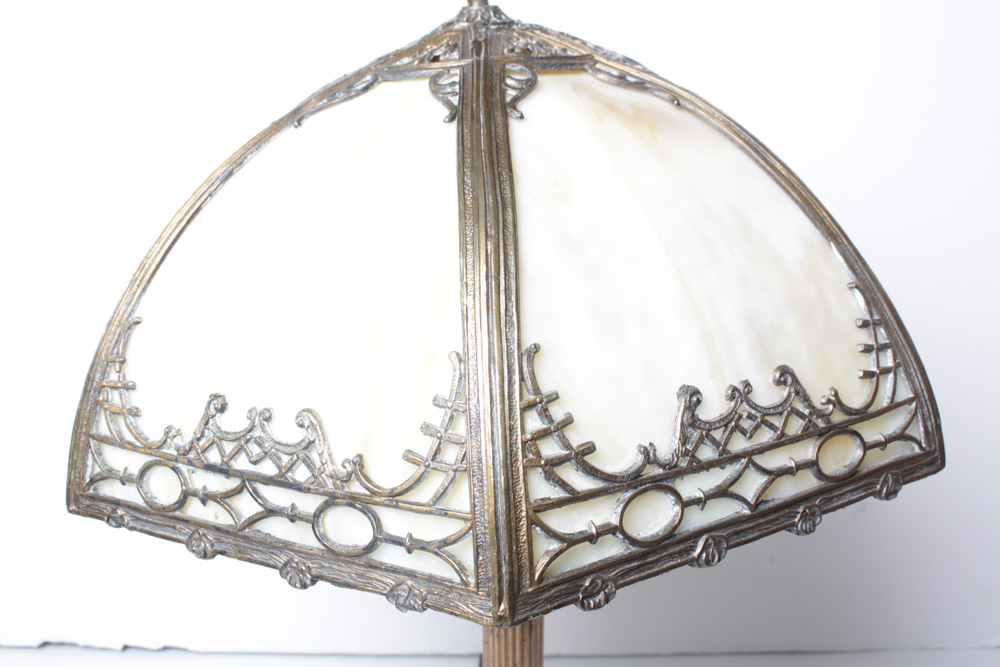 Vintage Slag Glass Brass Table Lamp