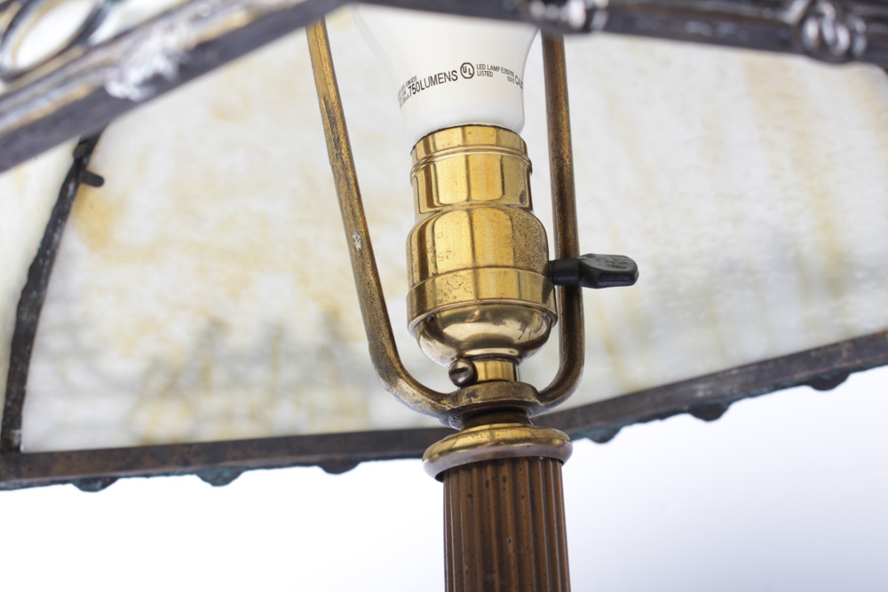 Vintage Slag Glass Brass Table Lamp