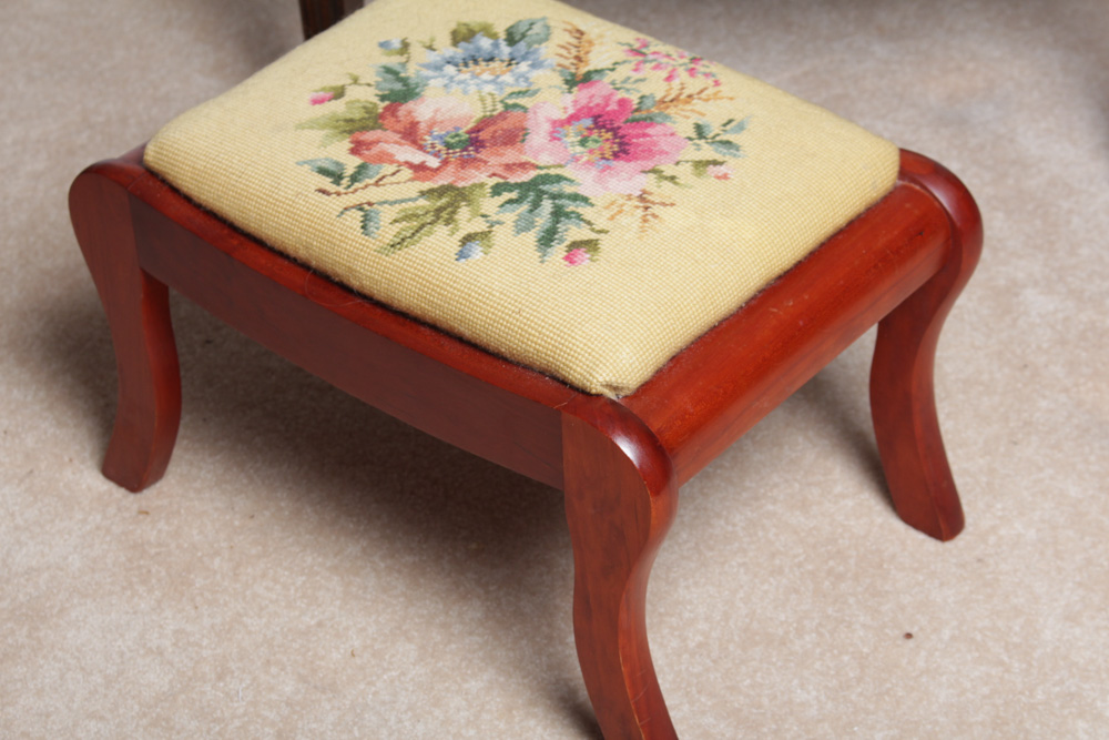 Vintage Wing Back Chair and Needlepoint Footstool