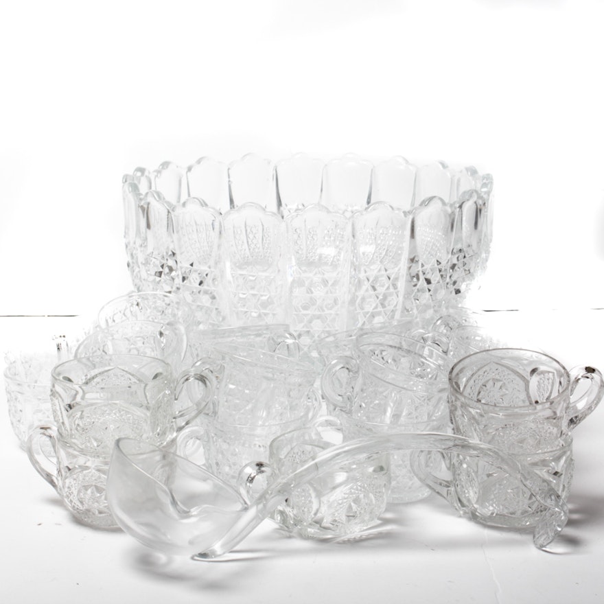 Vintage Pressed Glass Punch Bowl and Cups