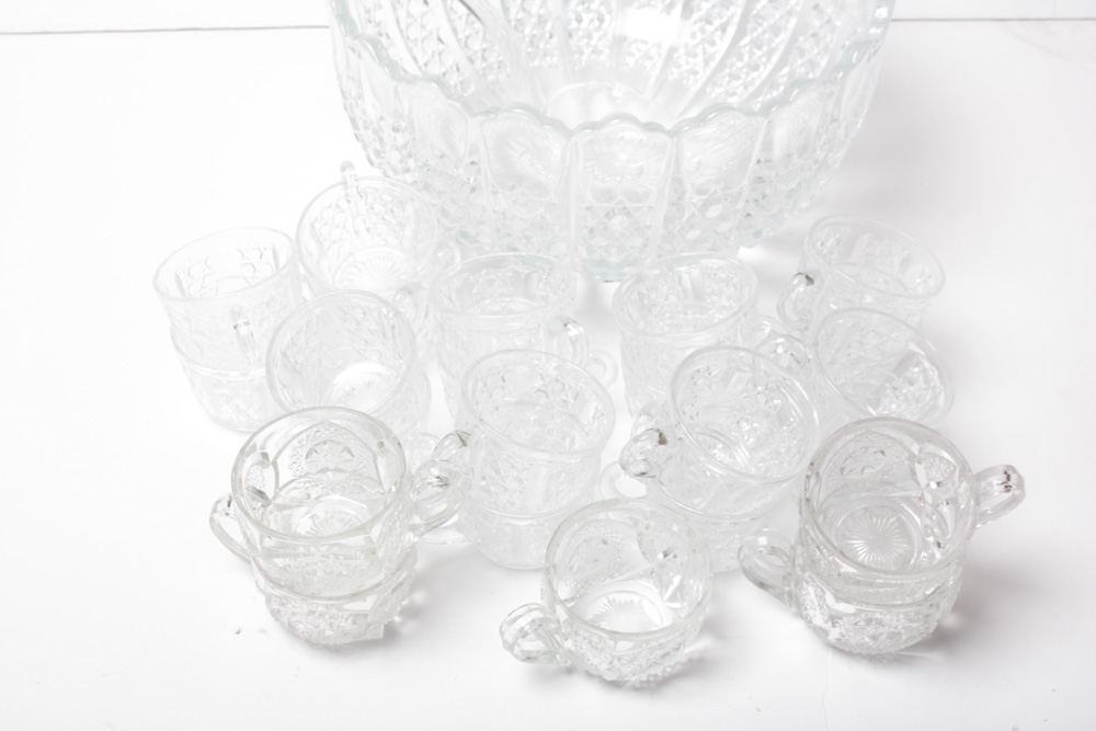 Vintage Pressed Glass Punch Bowl and Cups
