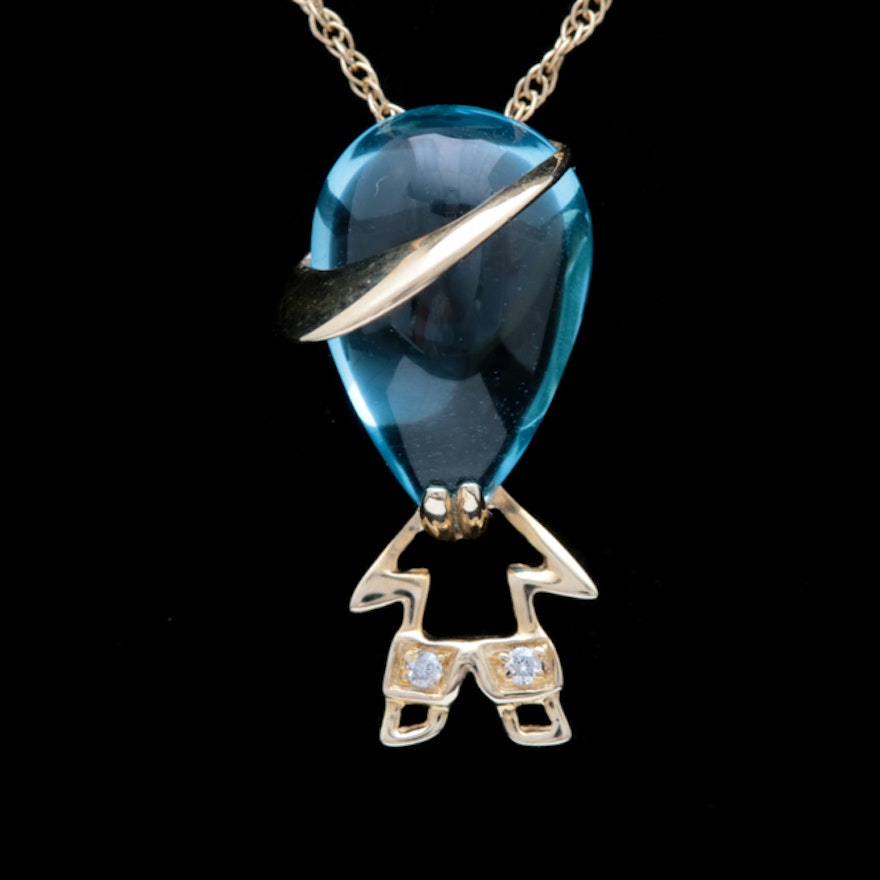 14K Yellow Gold, Blue Topaz and Diamond Boy Pendant with 10K Gold Chain