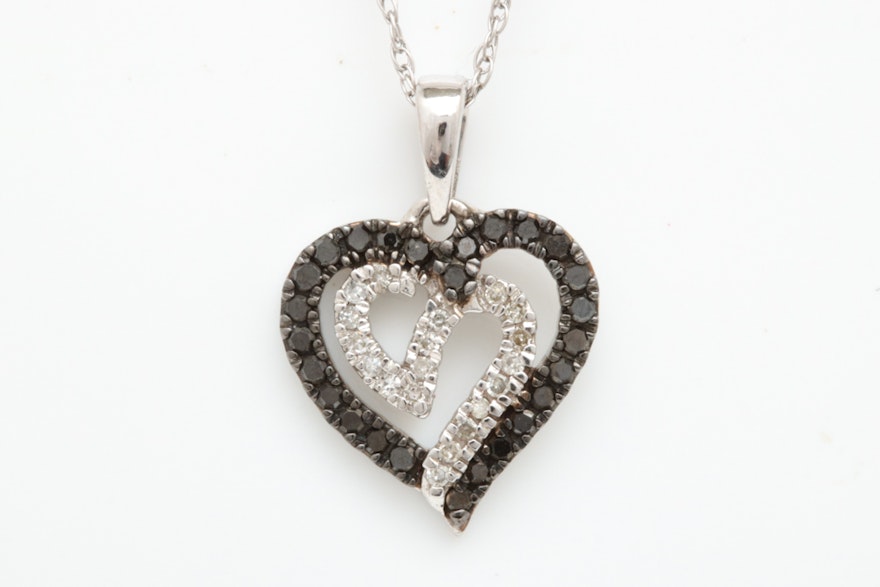 10K White Gold, Black and Natural Diamonds Heart Pendant with Chain