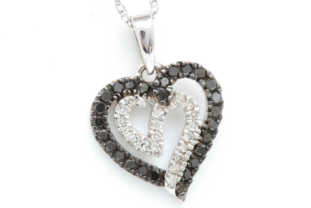 10K White Gold, Black and Natural Diamonds Heart Pendant with Chain