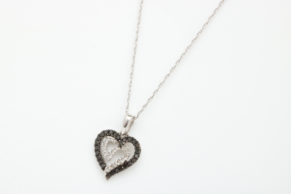 10K White Gold, Black and Natural Diamonds Heart Pendant with Chain