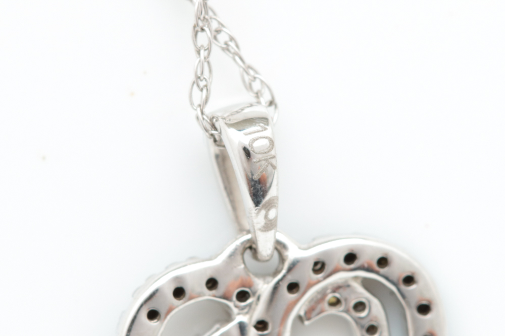 10K White Gold, Black and Natural Diamonds Heart Pendant with Chain