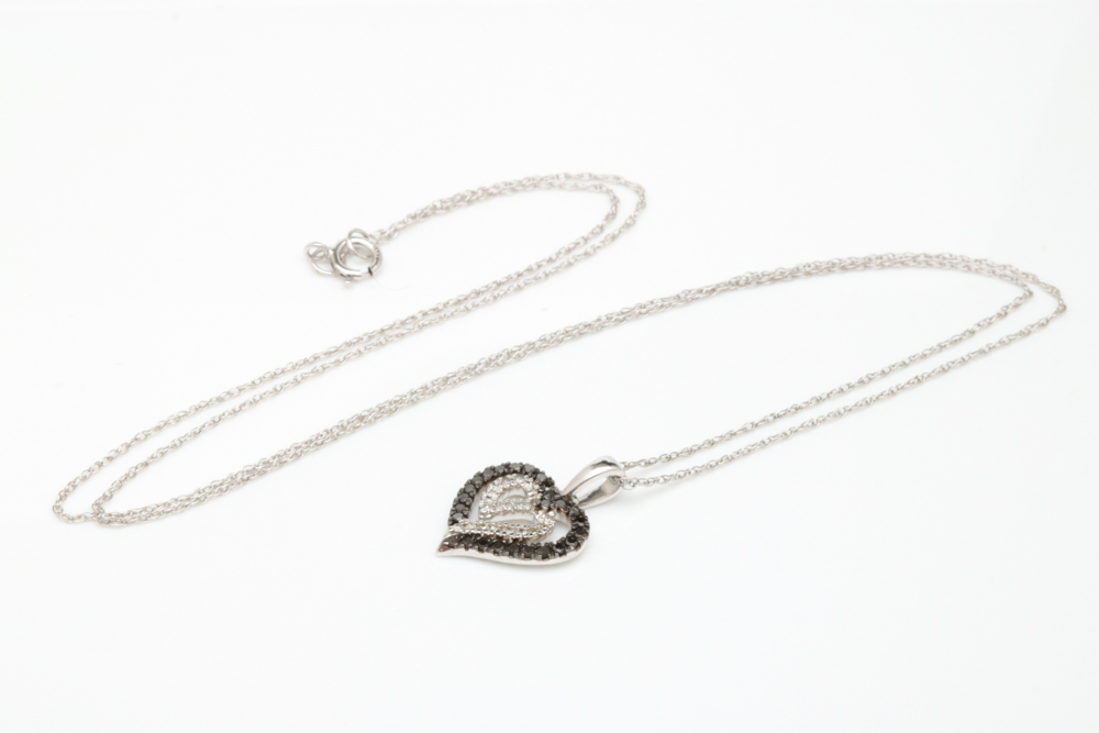 10K White Gold, Black and Natural Diamonds Heart Pendant with Chain